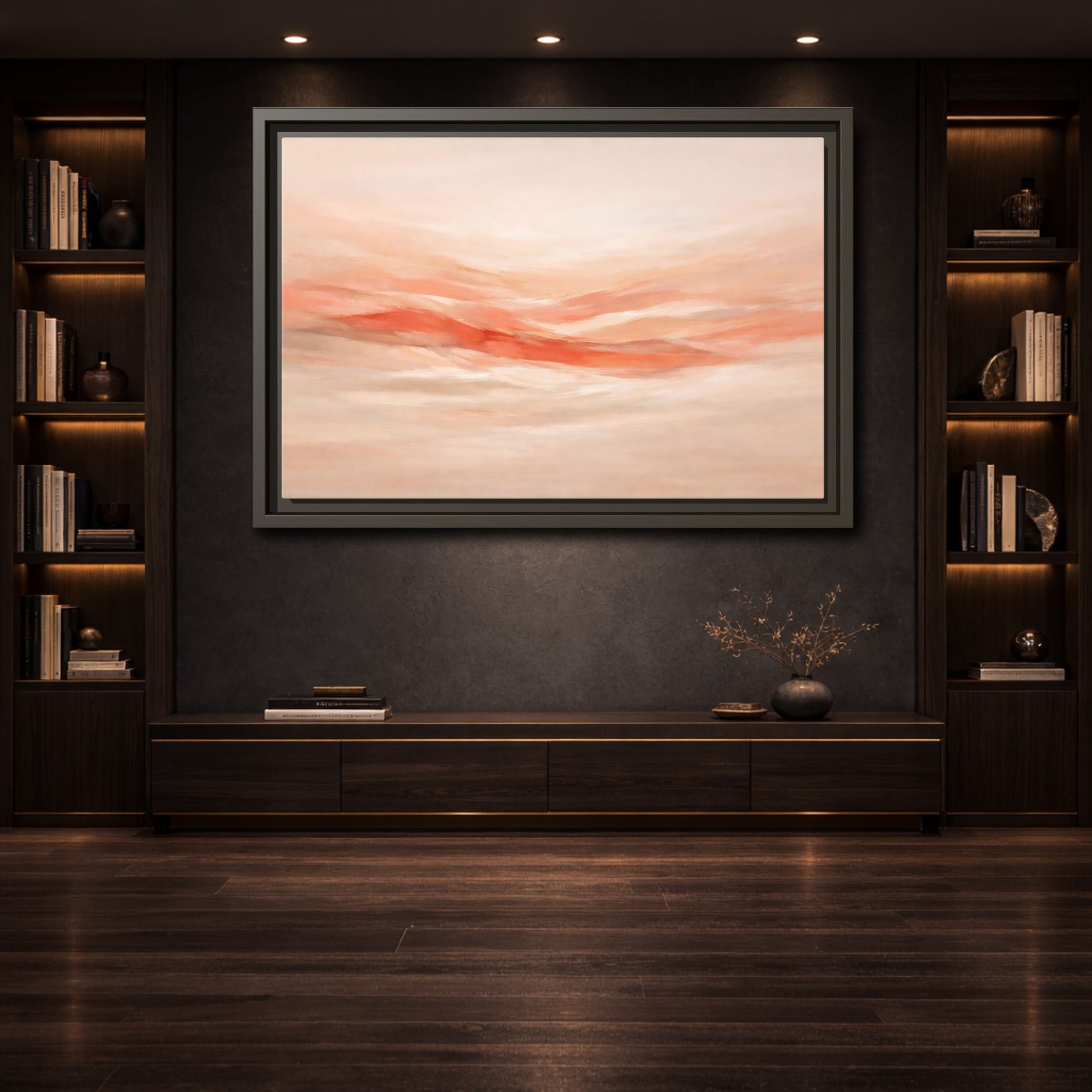 Mockup 3. Abstract Abstract Waves Peach Abstract shown as stretched canvas wall art