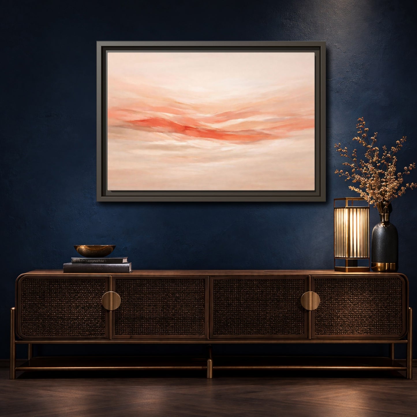 Mockup 4. Abstract Abstract Waves Peach Abstract shown as stretched canvas wall art