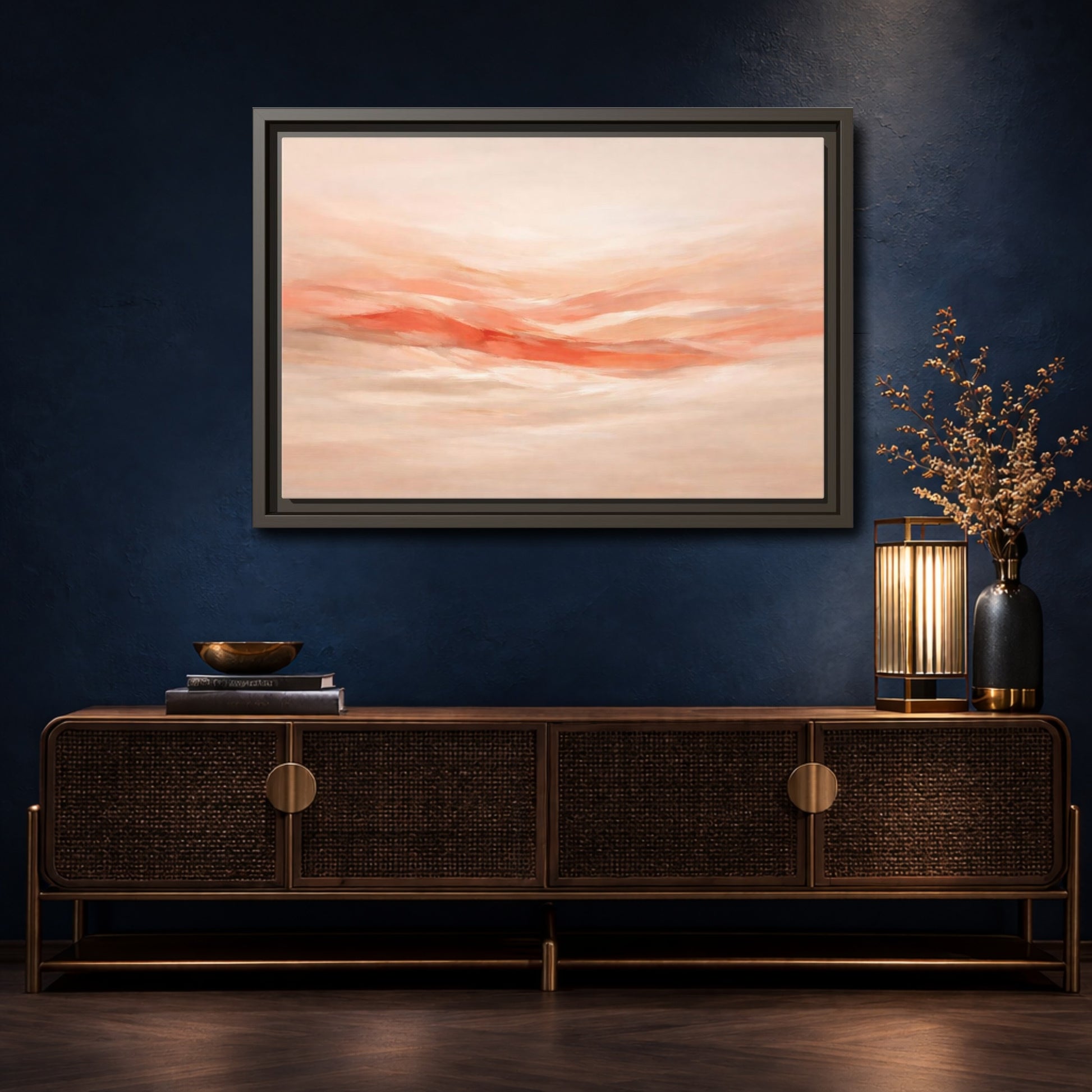 Mockup 4. Abstract Abstract Waves Peach Abstract shown as stretched canvas wall art