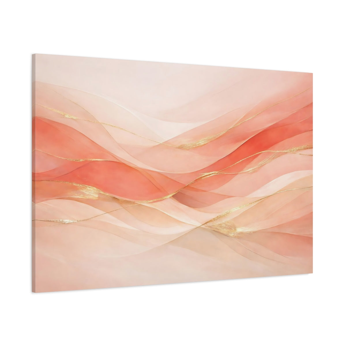 Main Mockup. Abstract Abstract Waves Peach And Gold Abstract shown as stretched canvas wall art