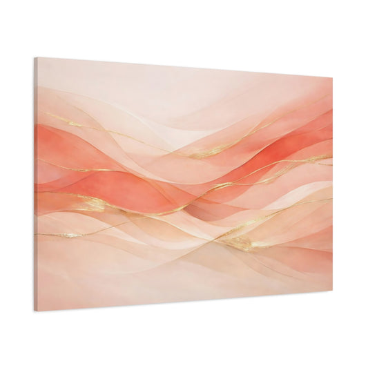 Main Mockup. Abstract Abstract Waves Peach And Gold Abstract shown as stretched canvas wall art