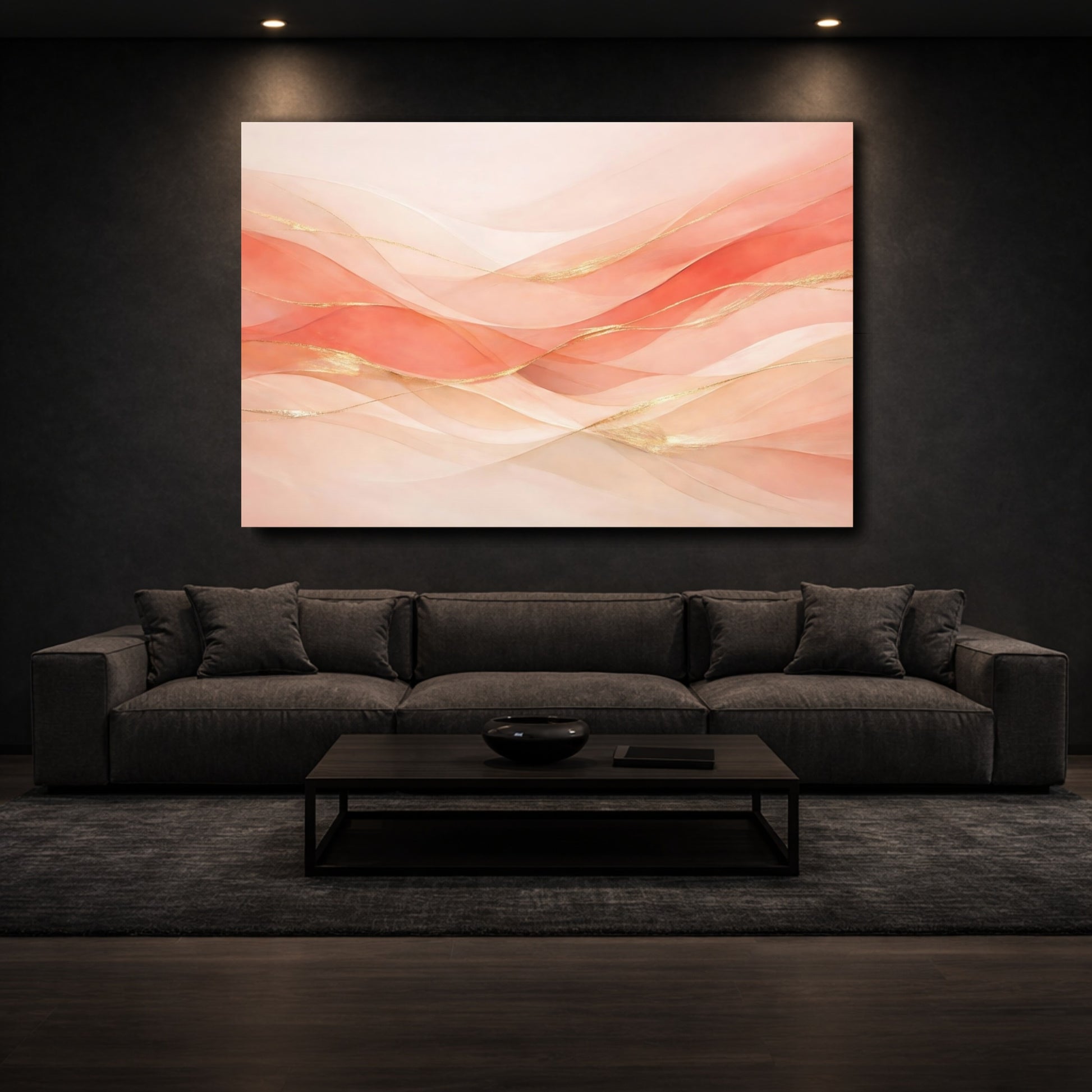 Mockup 2. Abstract Abstract Waves Peach And Gold Abstract shown as stretched canvas wall art