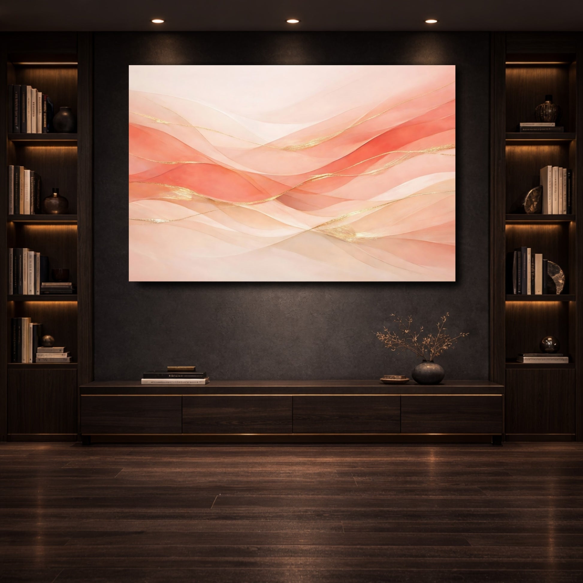 Mockup 3. Abstract Abstract Waves Peach And Gold Abstract shown as stretched canvas wall art