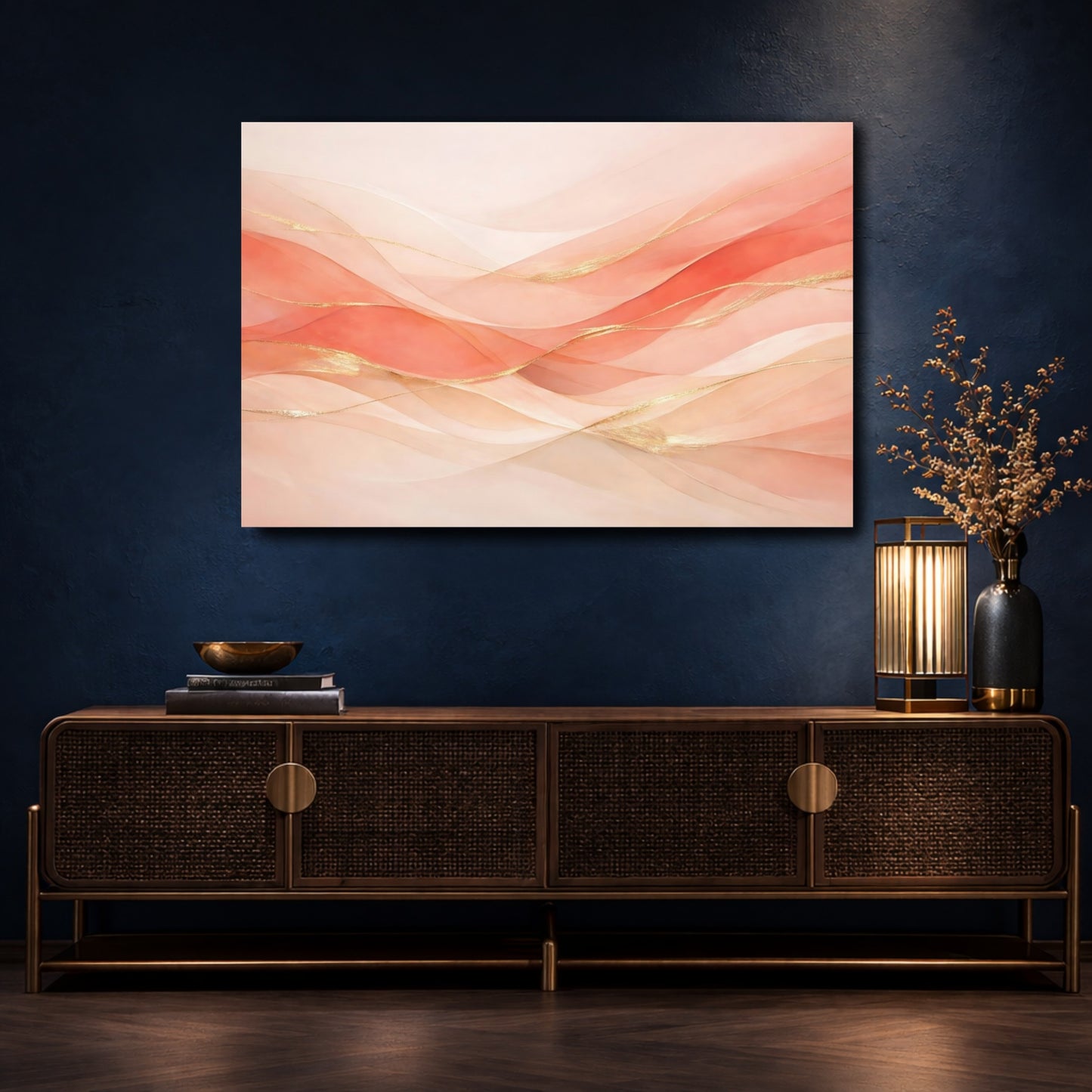 Mockup 4. Abstract Abstract Waves Peach And Gold Abstract shown as stretched canvas wall art