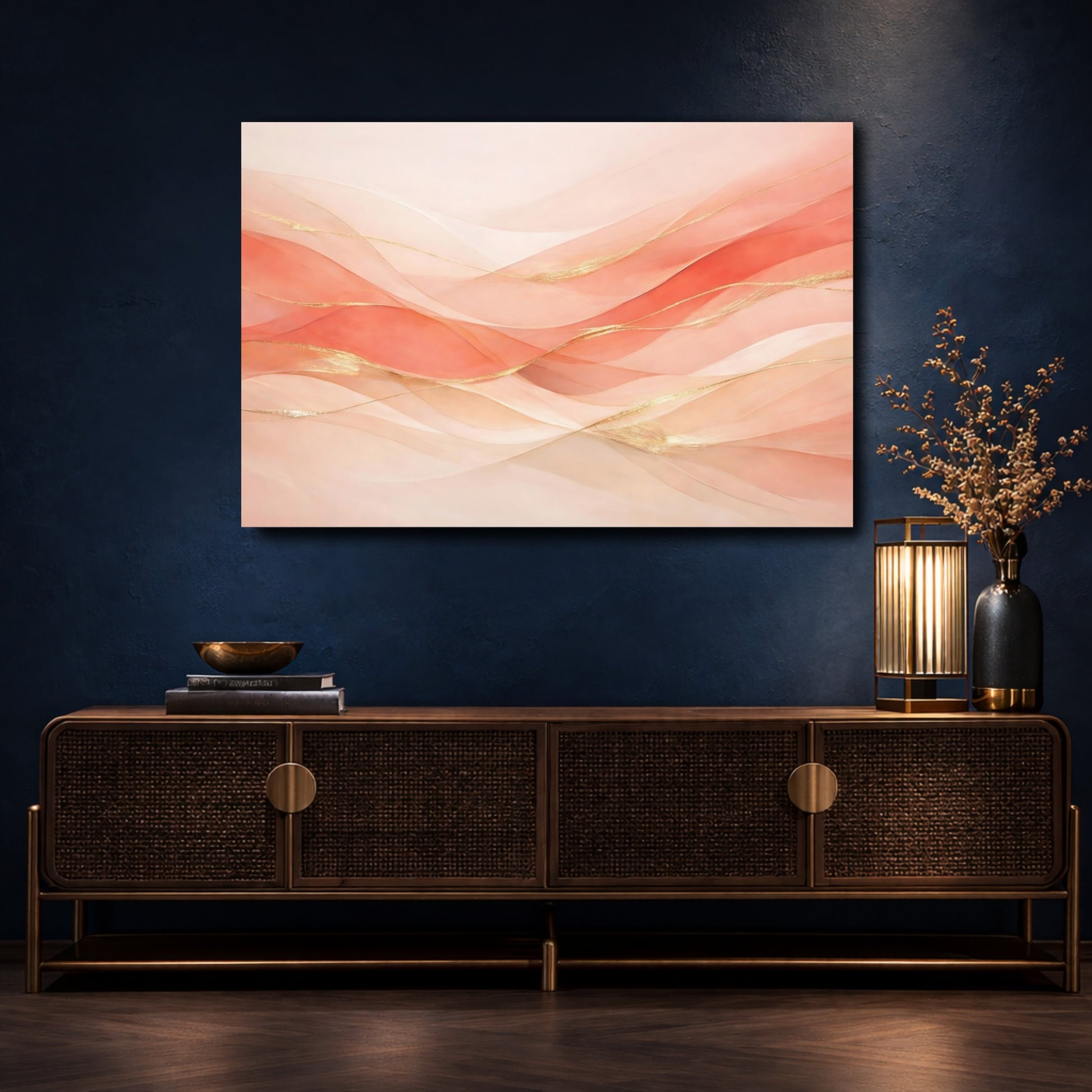 Mockup 4. Abstract Abstract Waves Peach And Gold Abstract shown as stretched canvas wall art