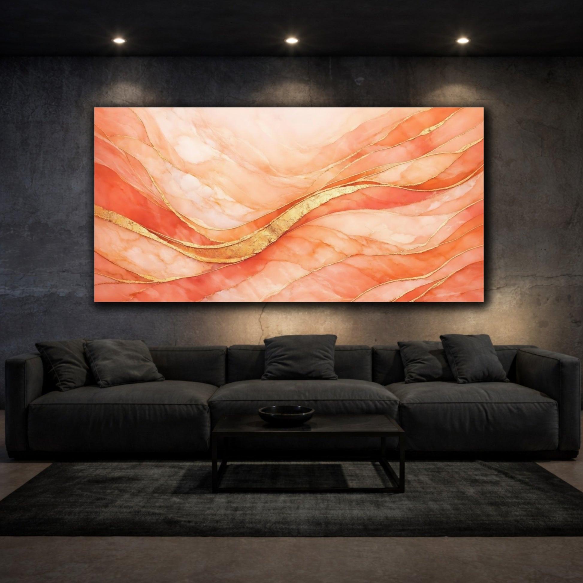Mockup 2. Abstract Abstract Waves Peach Gold Abstract shown as stretched canvas wall art