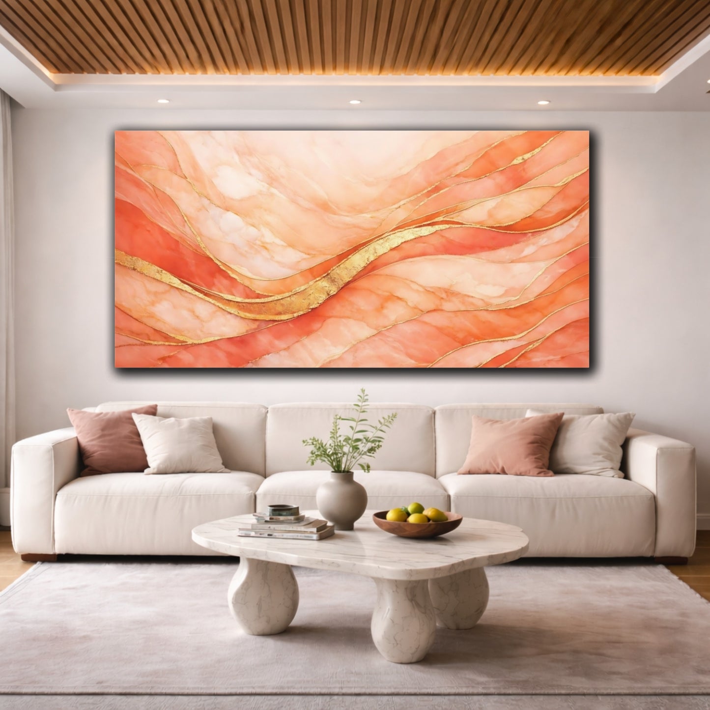 Mockup 3. Abstract Abstract Waves Peach Gold Abstract shown as stretched canvas wall art