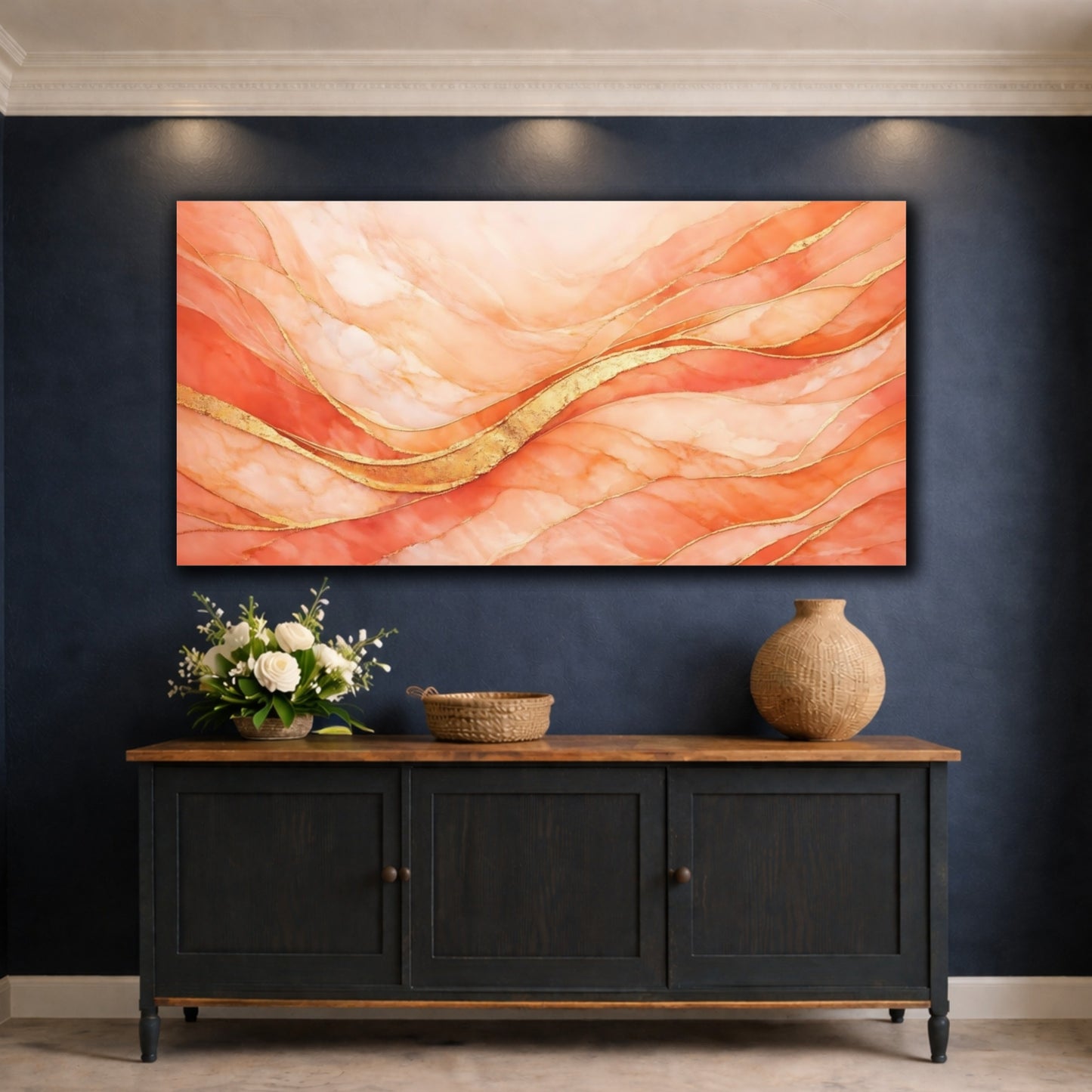 Mockup 4. Abstract Abstract Waves Peach Gold Abstract shown as stretched canvas wall art