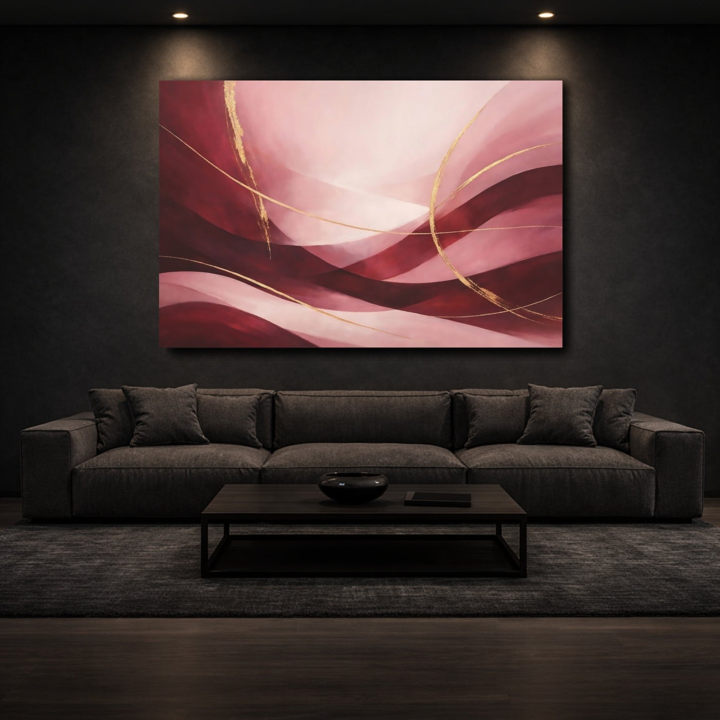 Mockup 2. Abstract Abstract Waves Pink And Gold Abstract shown as stretched canvas wall art