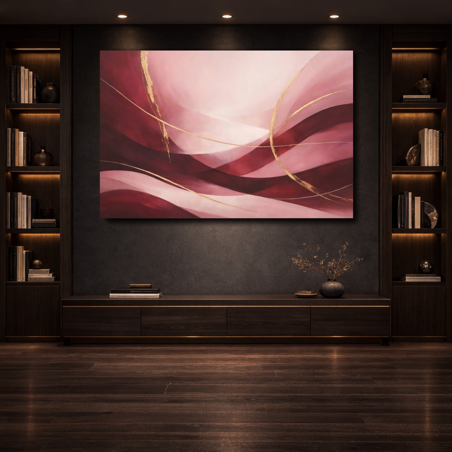 Mockup 3. Abstract Abstract Waves Pink And Gold Abstract shown as stretched canvas wall art
