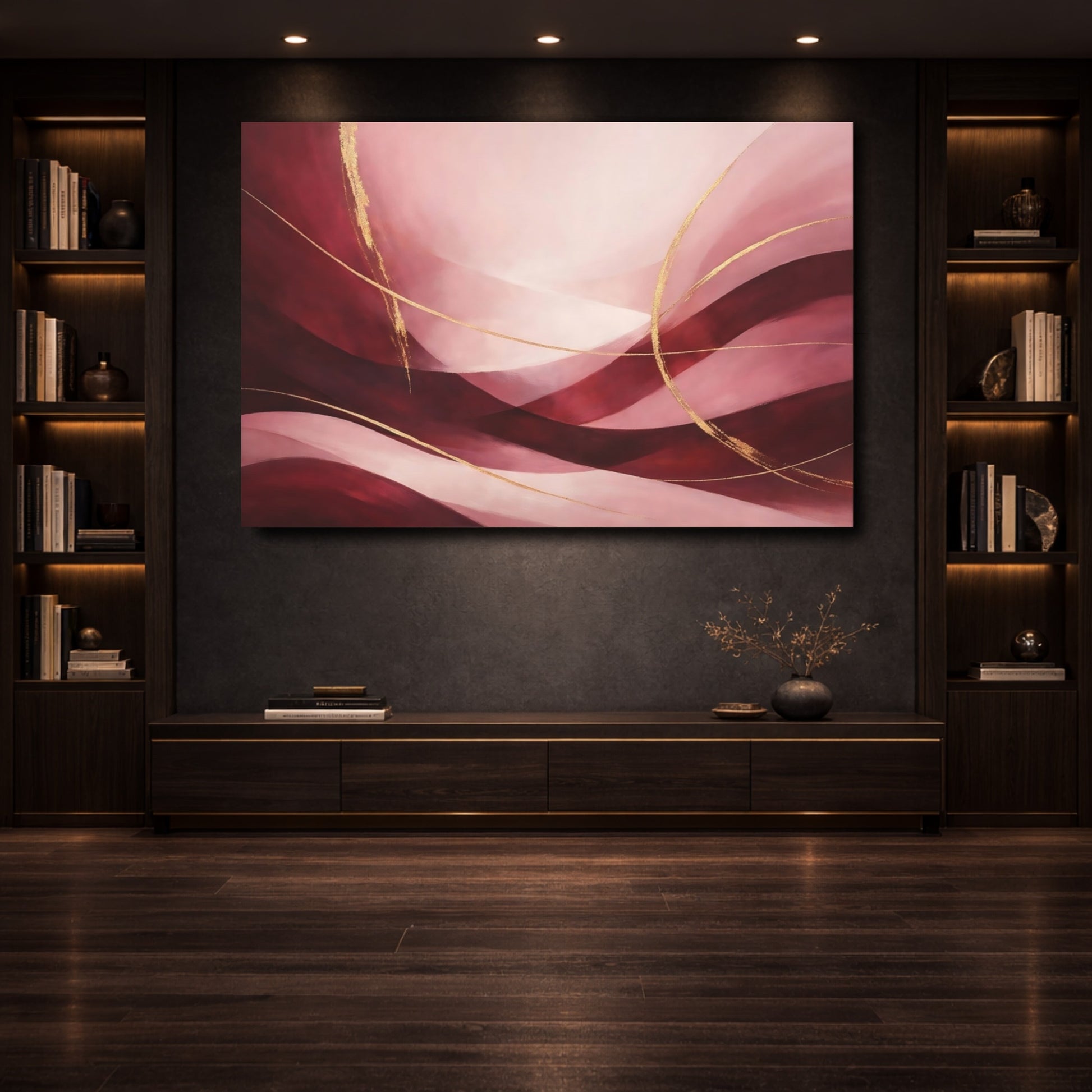 Mockup 3. Abstract Abstract Waves Pink And Gold Abstract shown as stretched canvas wall art