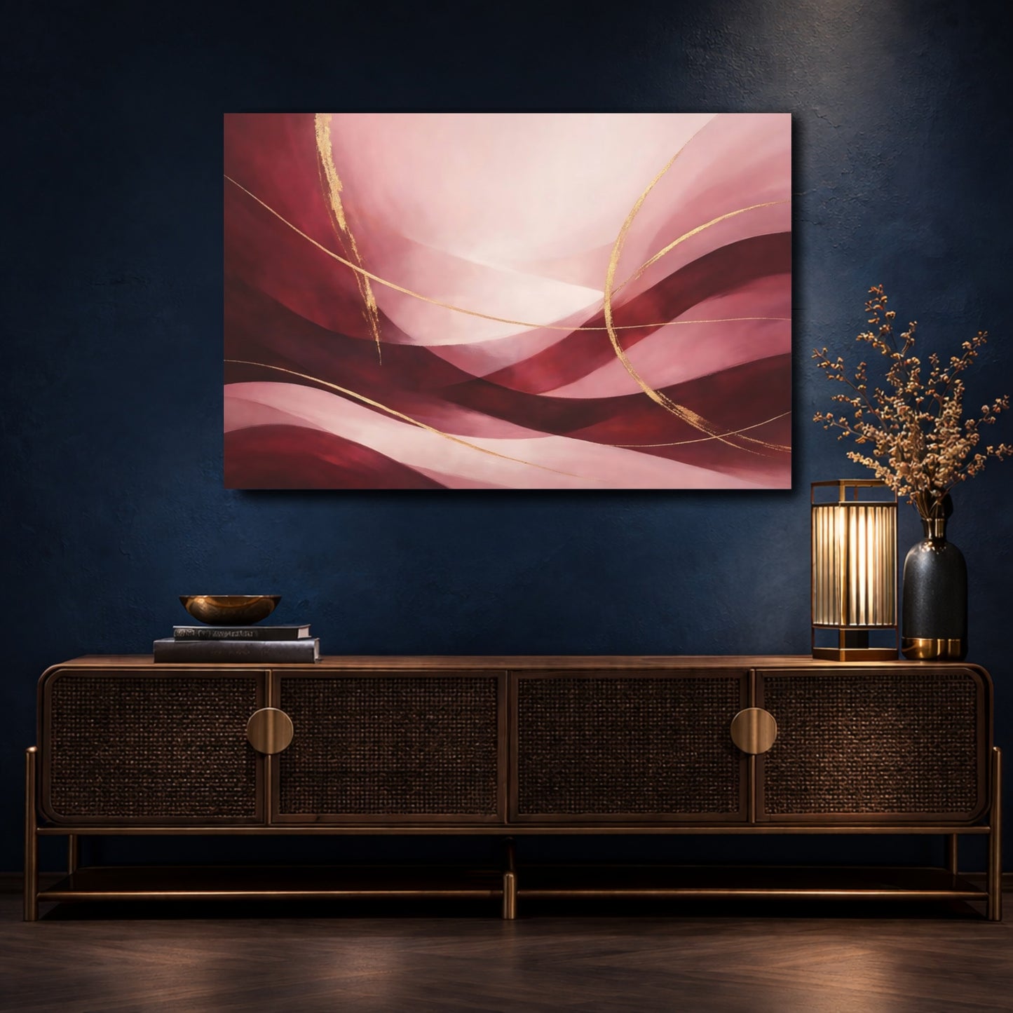 Mockup 4. Abstract Abstract Waves Pink And Gold Abstract shown as stretched canvas wall art