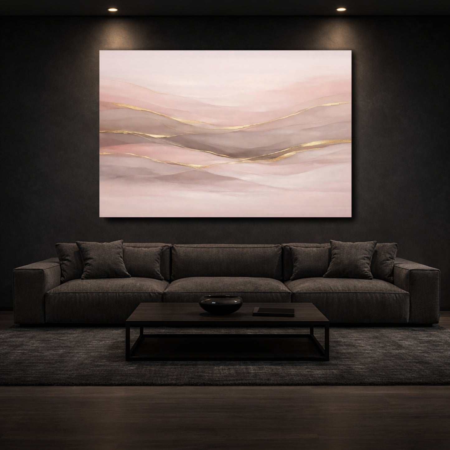 Mockup 2. Abstract Abstract Waves Pink And Gold shown as stretched canvas wall art