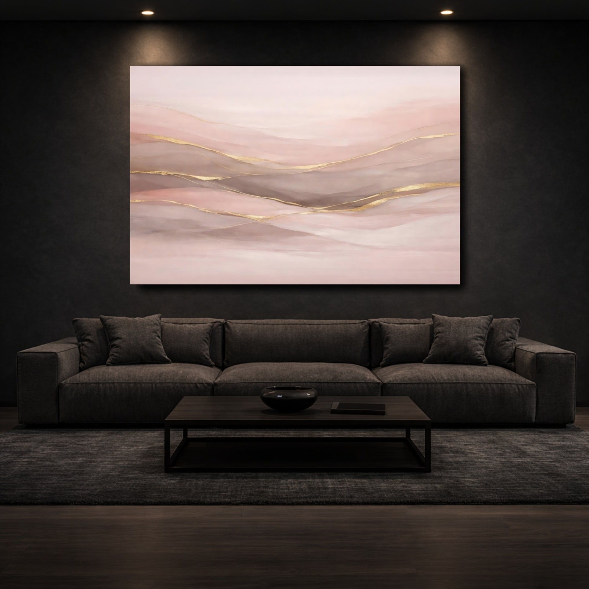 Mockup 2. Abstract Abstract Waves Pink And Gold shown as stretched canvas wall art