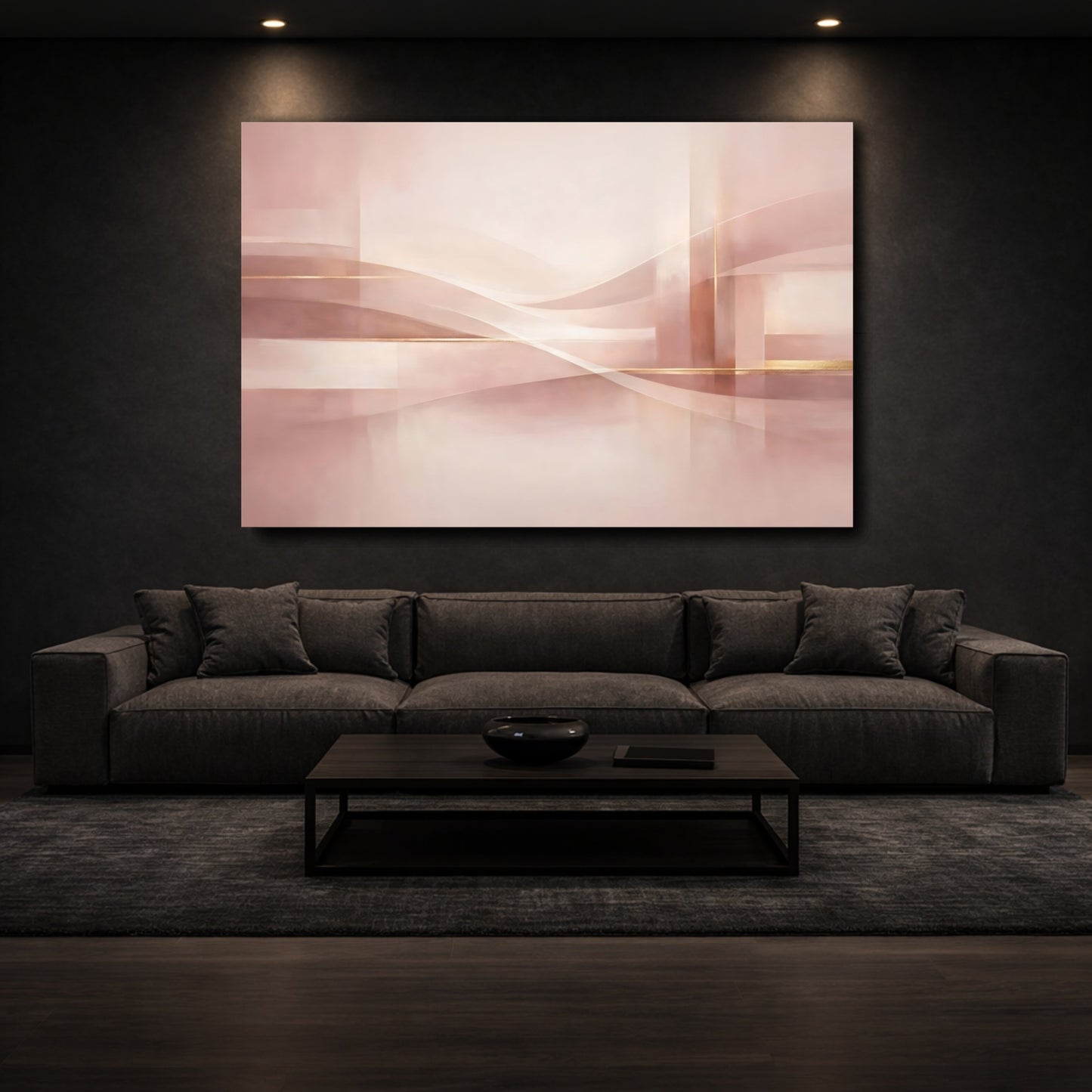 Mockup 2. Abstract Abstract Waves Pink And Gold shown as stretched canvas wall art