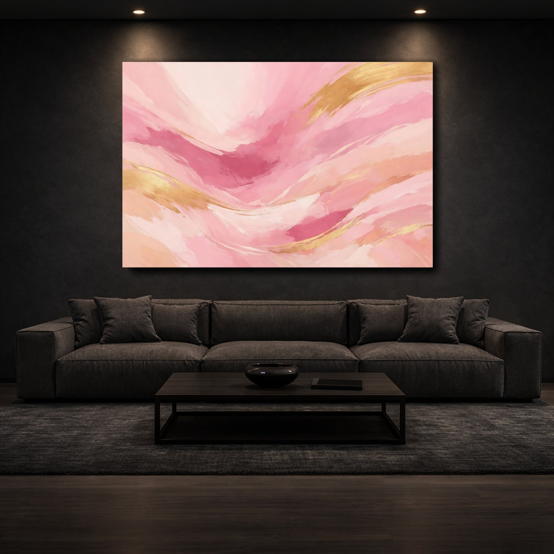 Mockup 2. Abstract Abstract Waves Pink And Gold shown as stretched canvas wall art