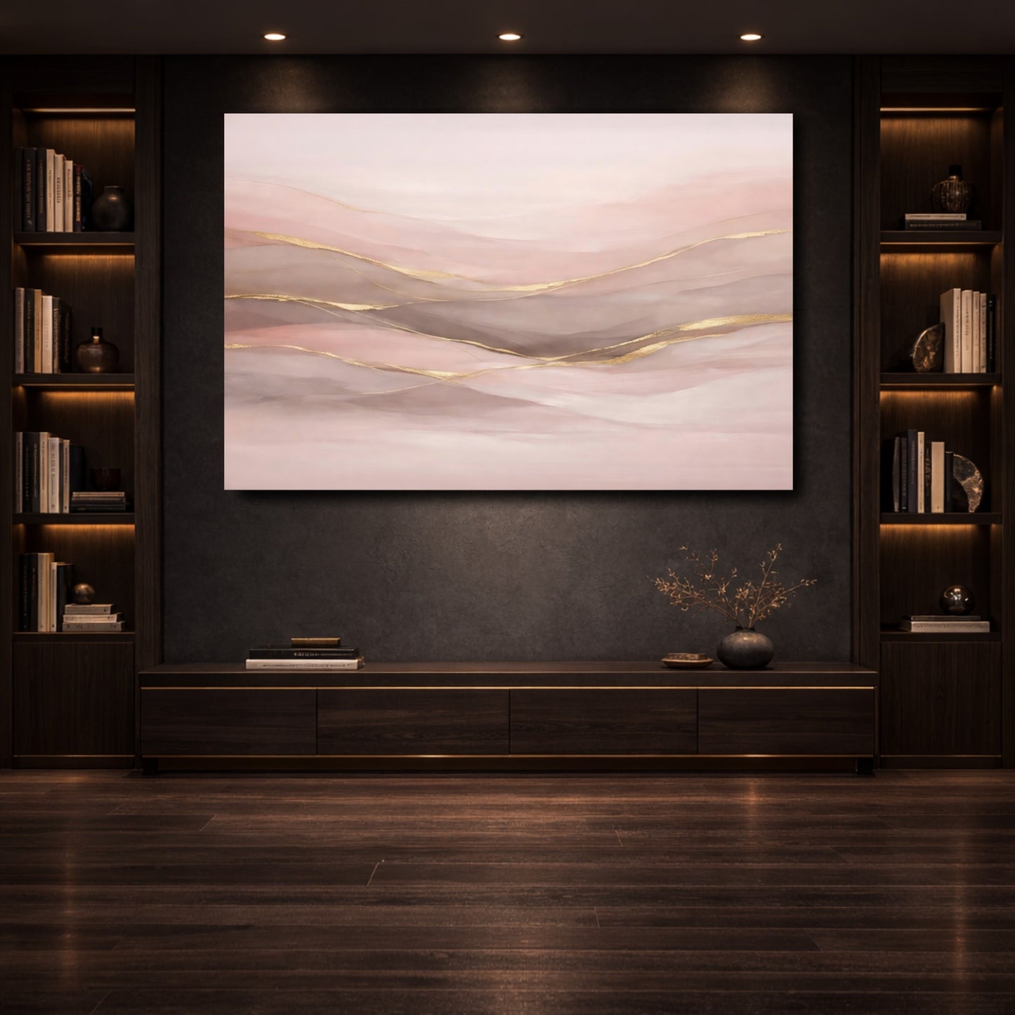 Mockup 3. Abstract Abstract Waves Pink And Gold shown as stretched canvas wall art