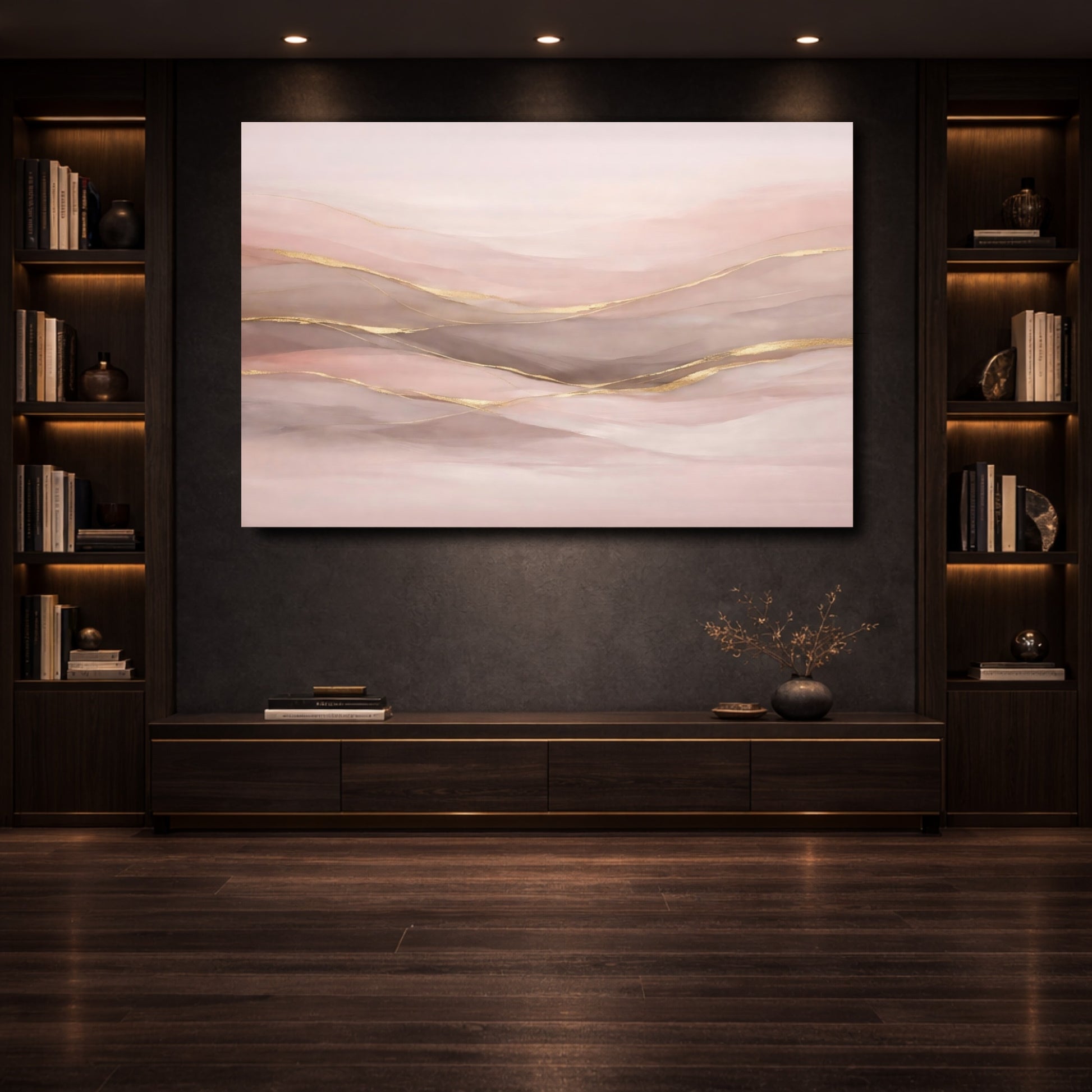 Mockup 3. Abstract Abstract Waves Pink And Gold shown as stretched canvas wall art
