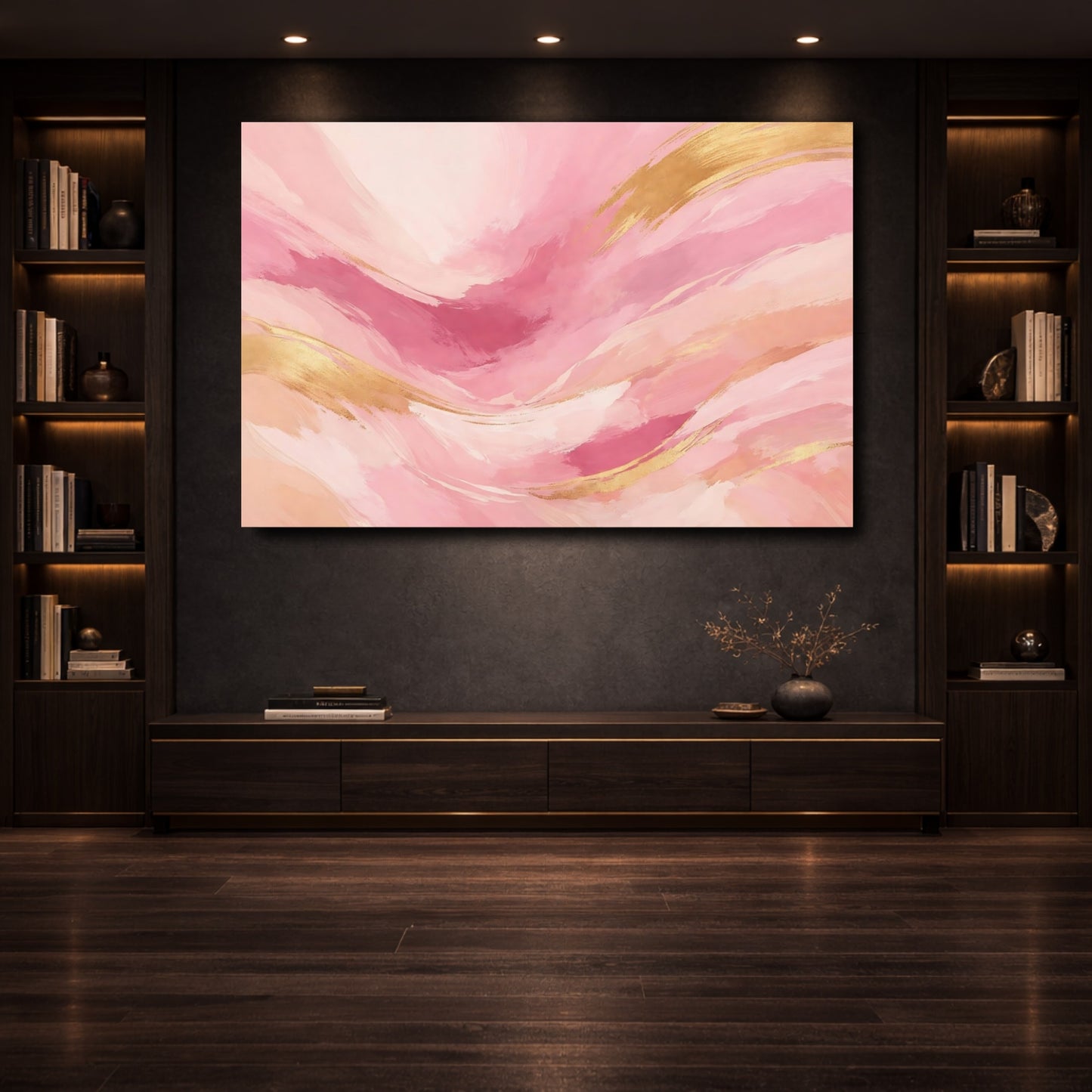 Mockup 3. Abstract Abstract Waves Pink And Gold shown as stretched canvas wall art