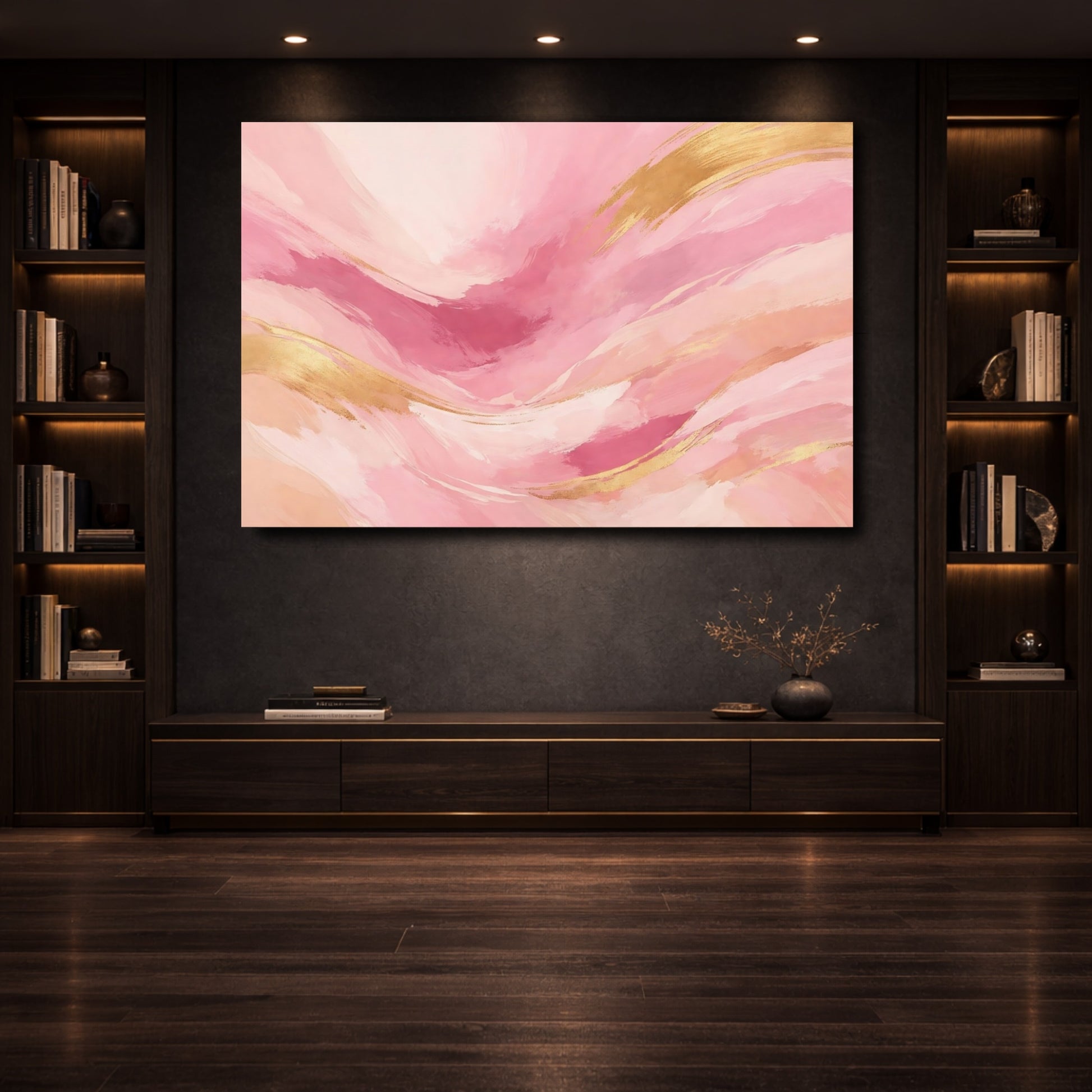 Mockup 3. Abstract Abstract Waves Pink And Gold shown as stretched canvas wall art