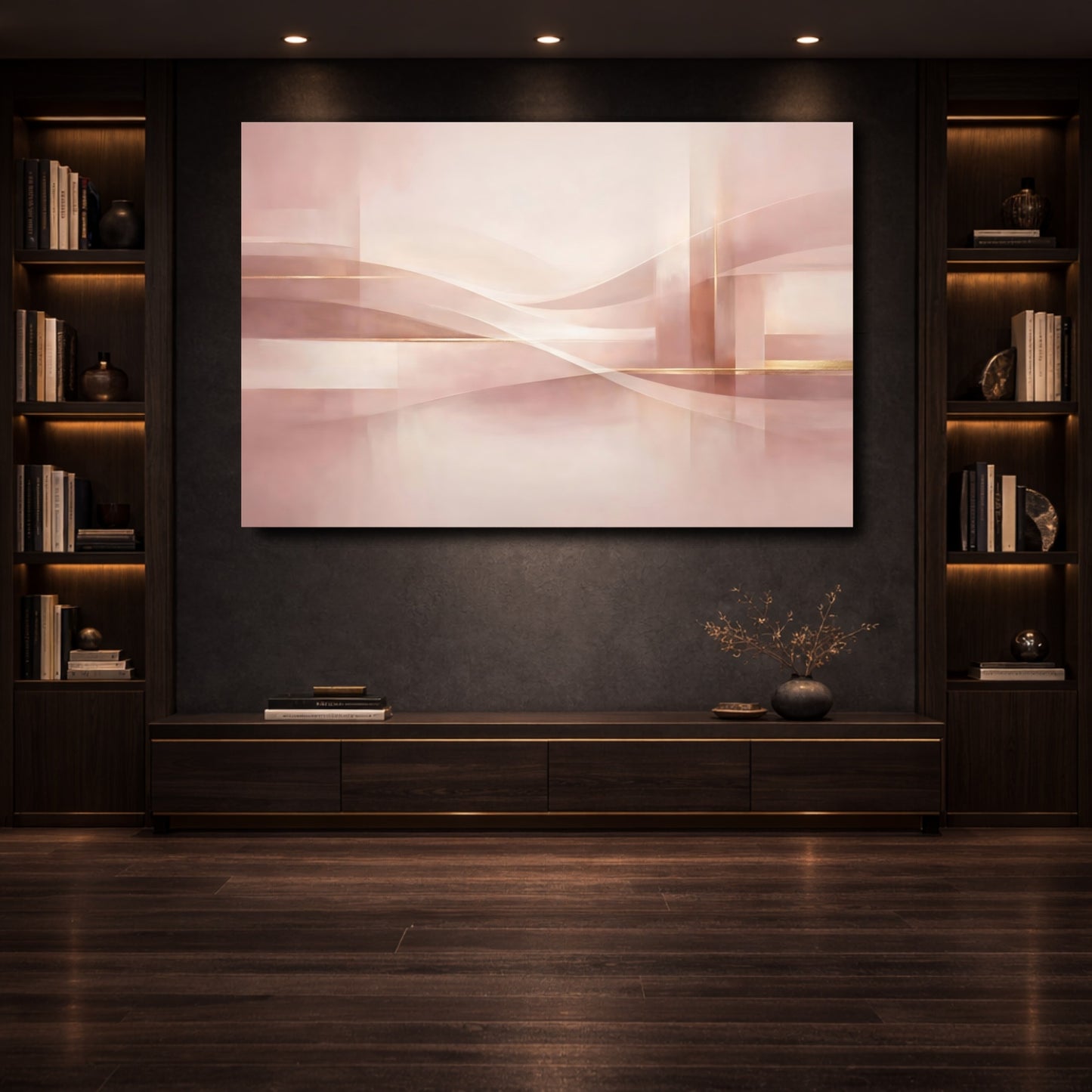 Mockup 3. Abstract Abstract Waves Pink And Gold shown as stretched canvas wall art