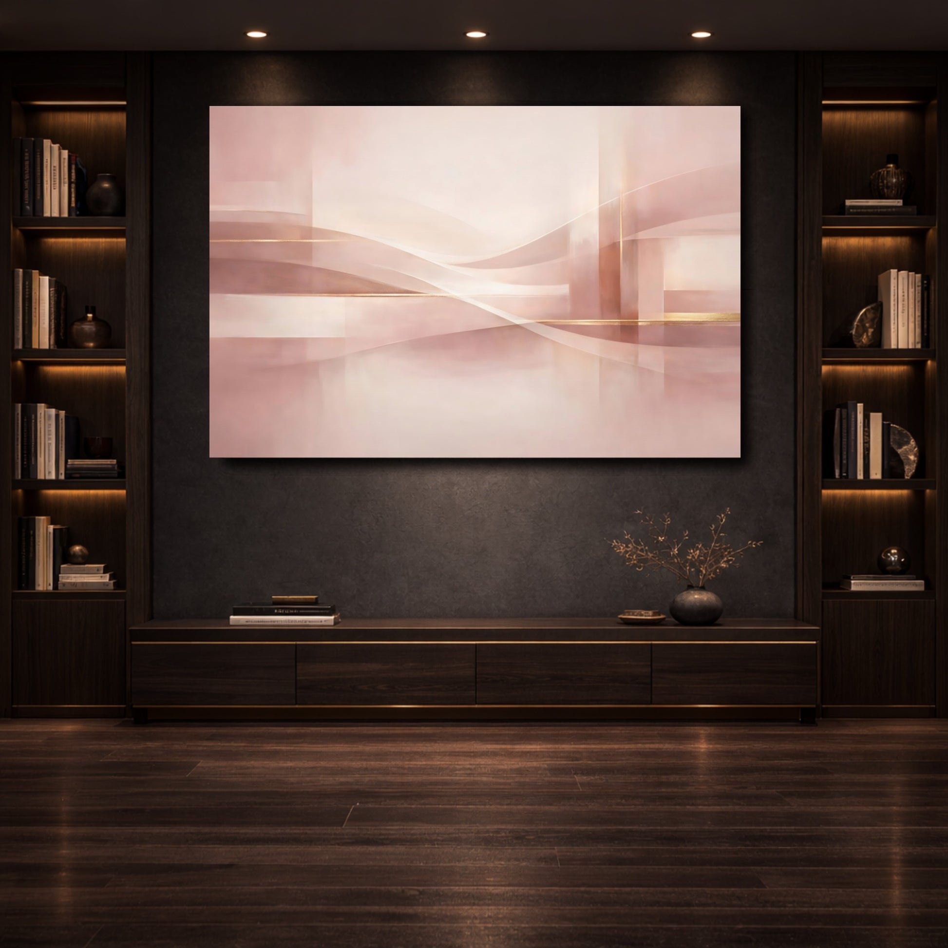 Mockup 3. Abstract Abstract Waves Pink And Gold shown as stretched canvas wall art