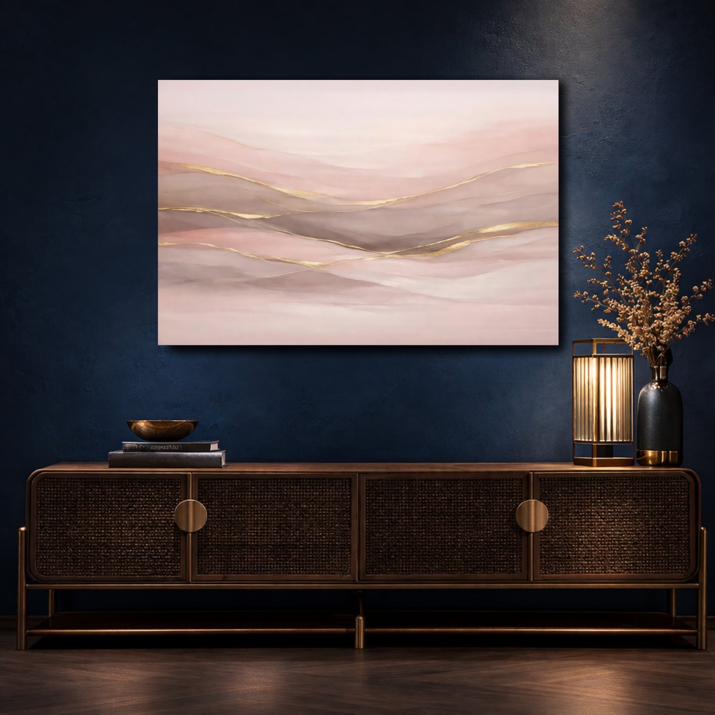 Mockup 4. Abstract Abstract Waves Pink And Gold shown as stretched canvas wall art