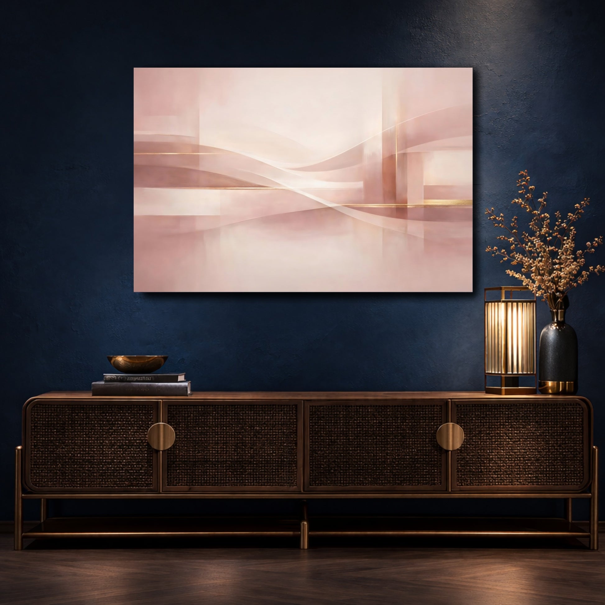 Mockup 4. Abstract Abstract Waves Pink And Gold shown as stretched canvas wall art