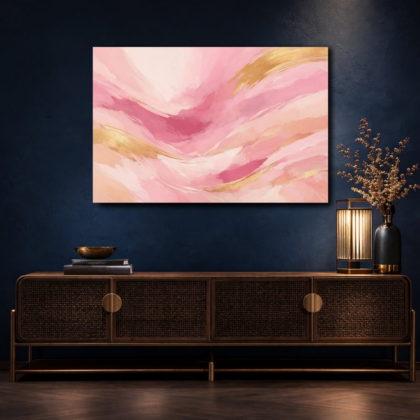Mockup 4. Abstract Abstract Waves Pink And Gold shown as stretched canvas wall art