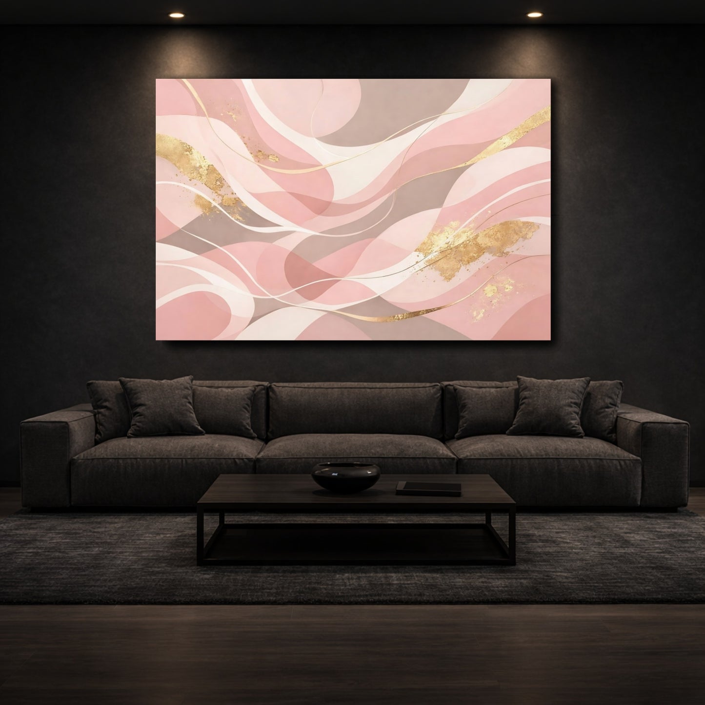Mockup 2. Abstract Abstract Waves Pink Gold Abstract shown as stretched canvas wall art