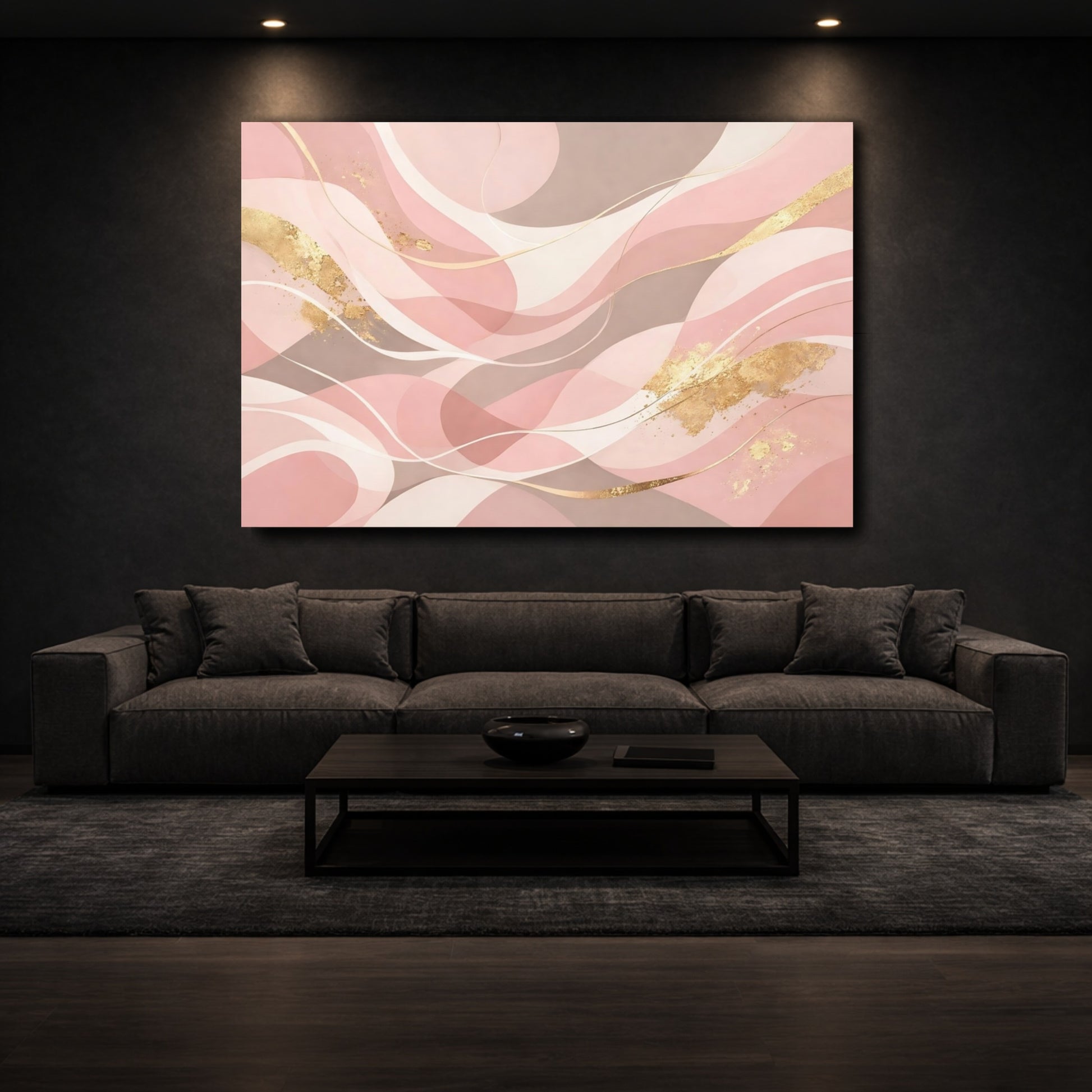 Mockup 2. Abstract Abstract Waves Pink Gold Abstract shown as stretched canvas wall art