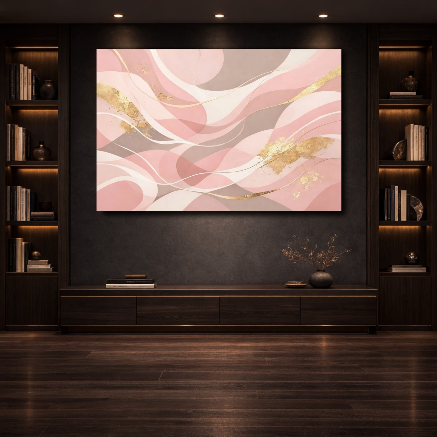 Mockup 3. Abstract Abstract Waves Pink Gold Abstract shown as stretched canvas wall art
