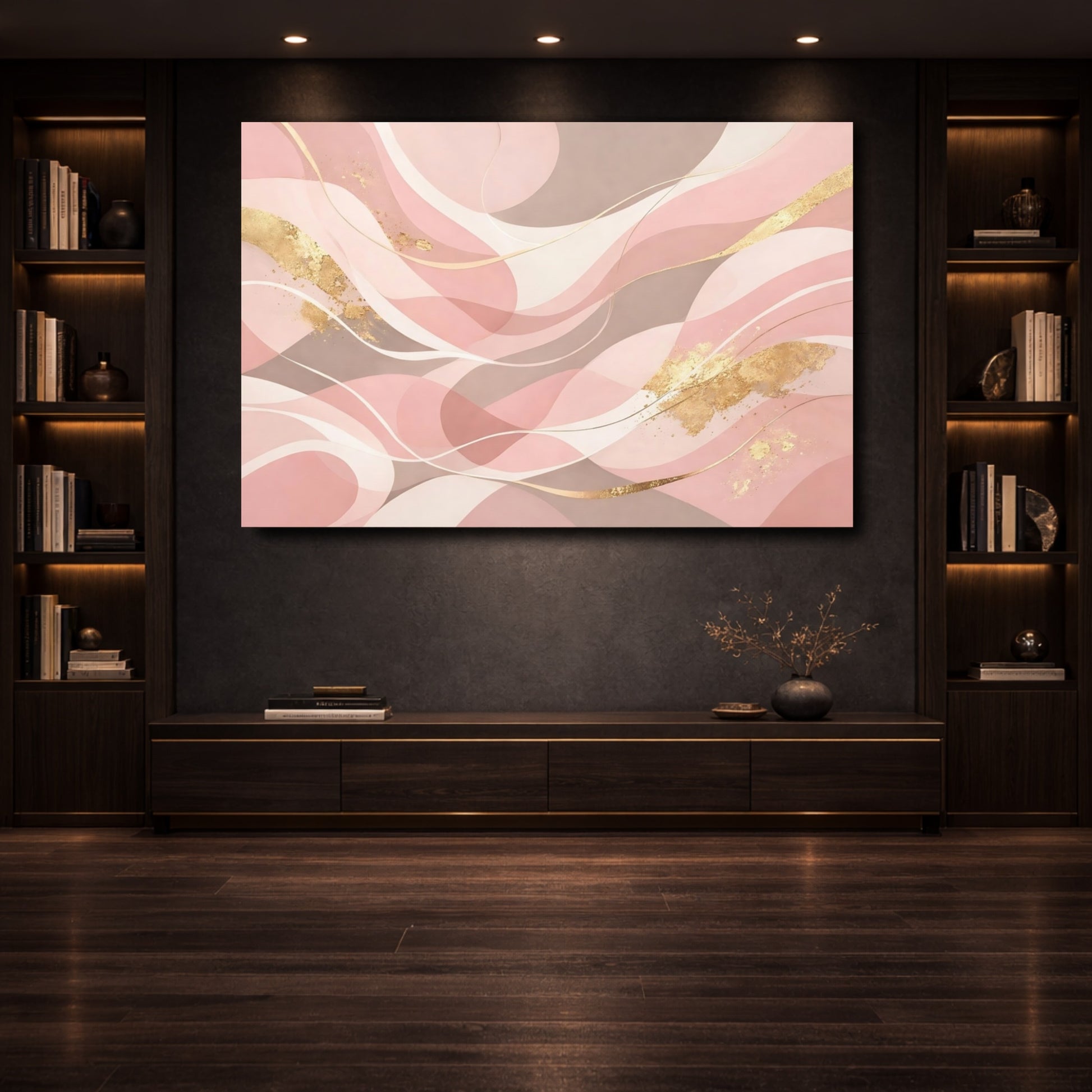 Mockup 3. Abstract Abstract Waves Pink Gold Abstract shown as stretched canvas wall art