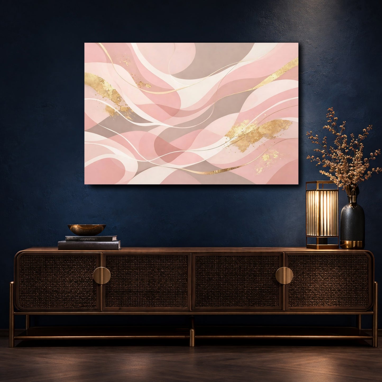 Mockup 4. Abstract Abstract Waves Pink Gold Abstract shown as stretched canvas wall art