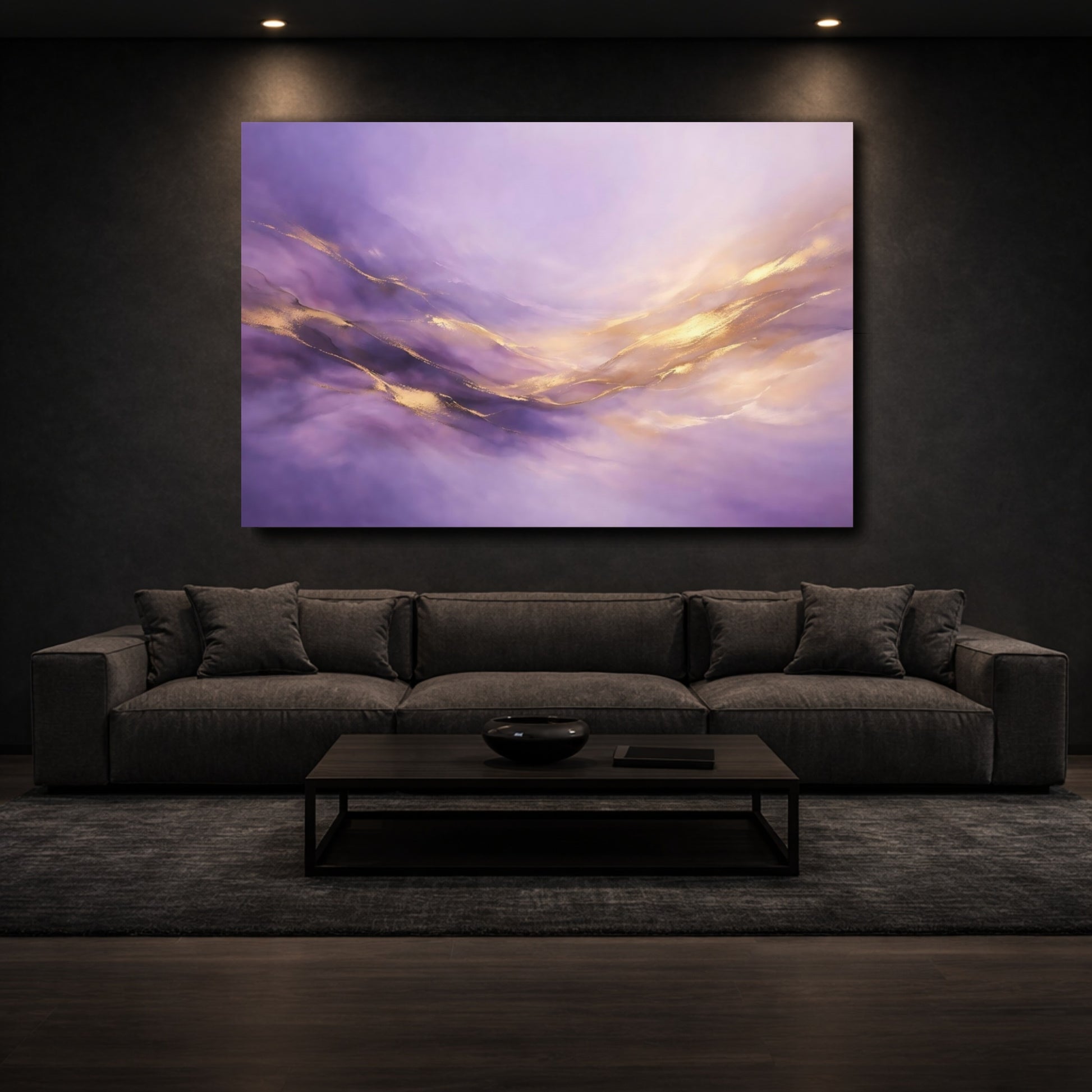 Mockup 2. Abstract Abstract Waves Purple And Gold shown as stretched canvas wall art