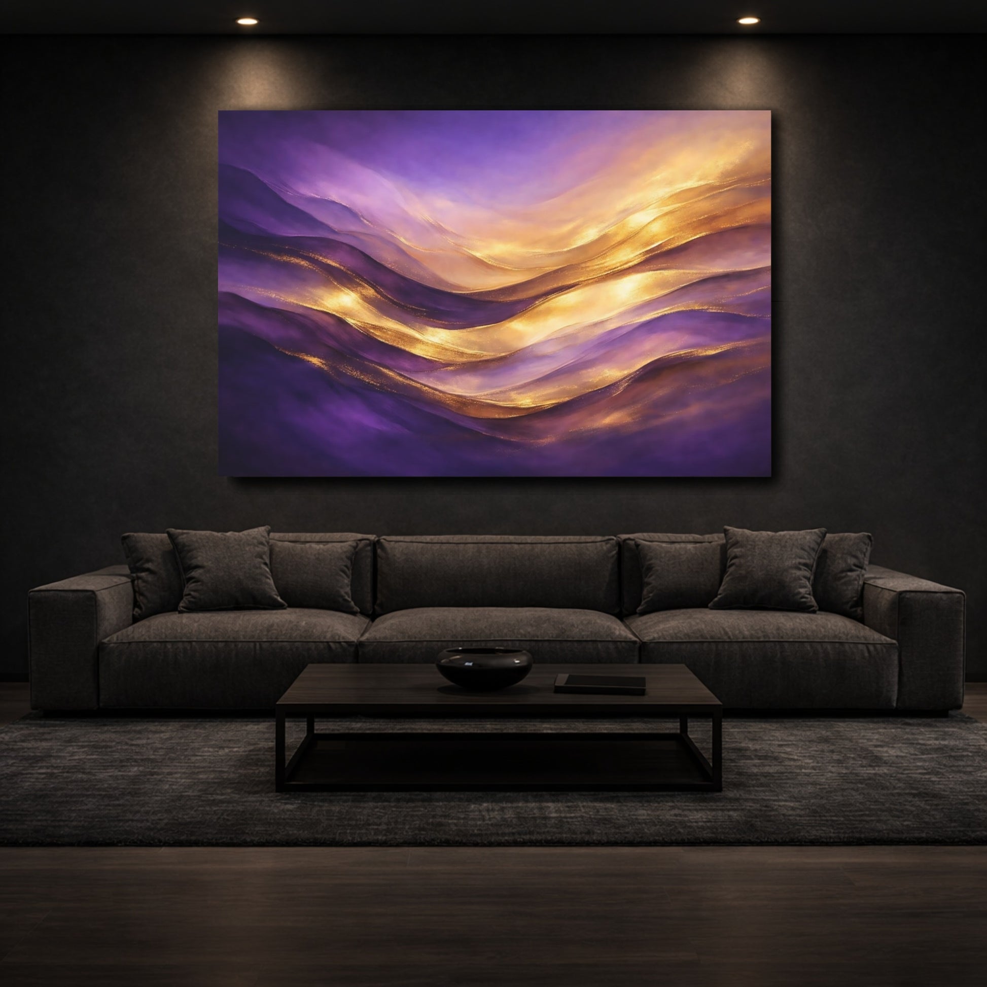 Mockup 2. Abstract Abstract Waves Purple And Gold shown as stretched canvas wall art
