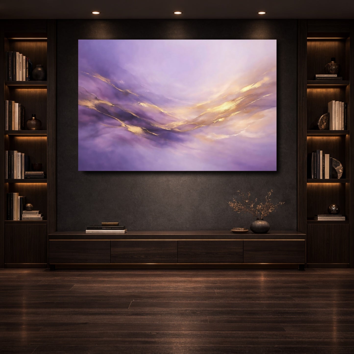 Mockup 3. Abstract Abstract Waves Purple And Gold shown as stretched canvas wall art