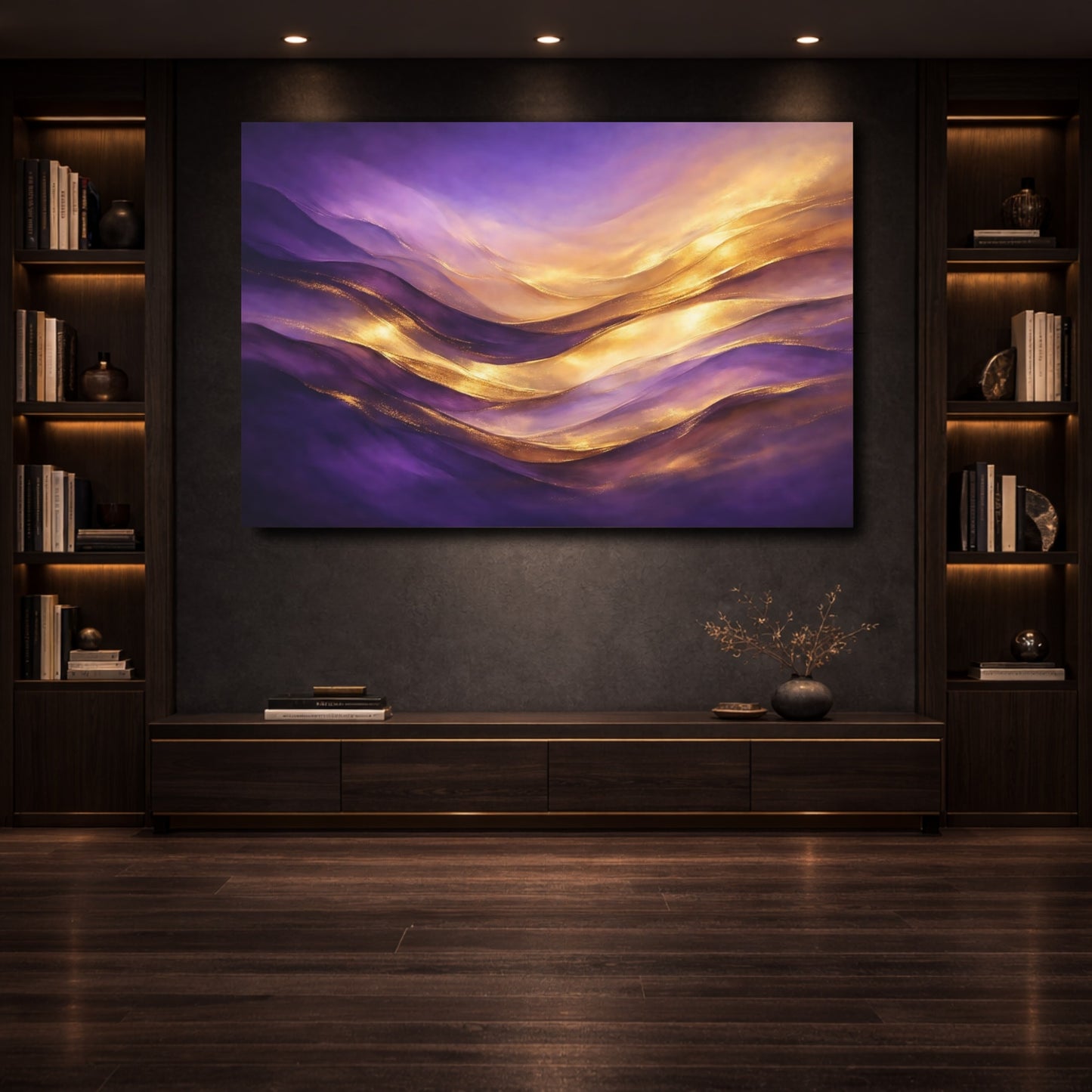 Mockup 3. Abstract Abstract Waves Purple And Gold shown as stretched canvas wall art