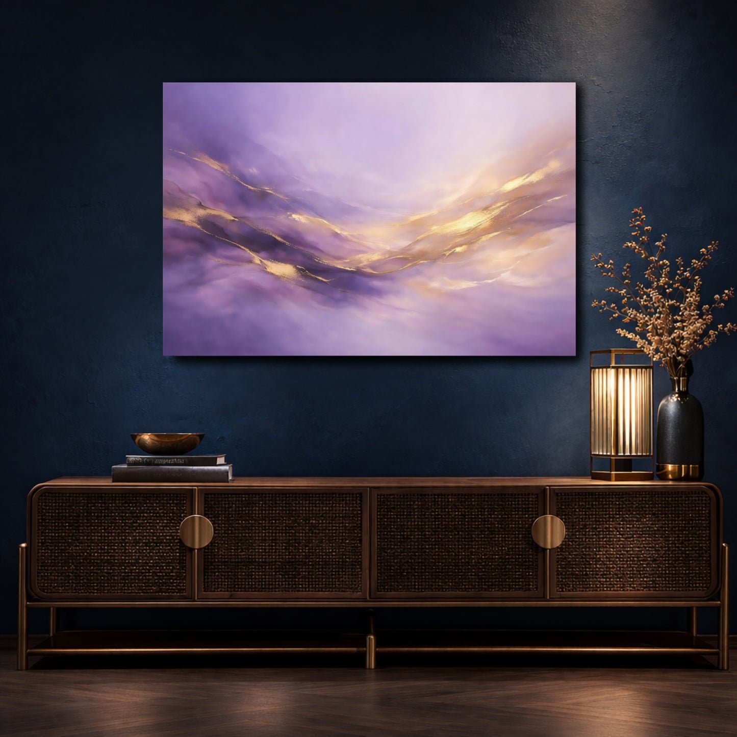 Mockup 4. Abstract Abstract Waves Purple And Gold shown as stretched canvas wall art