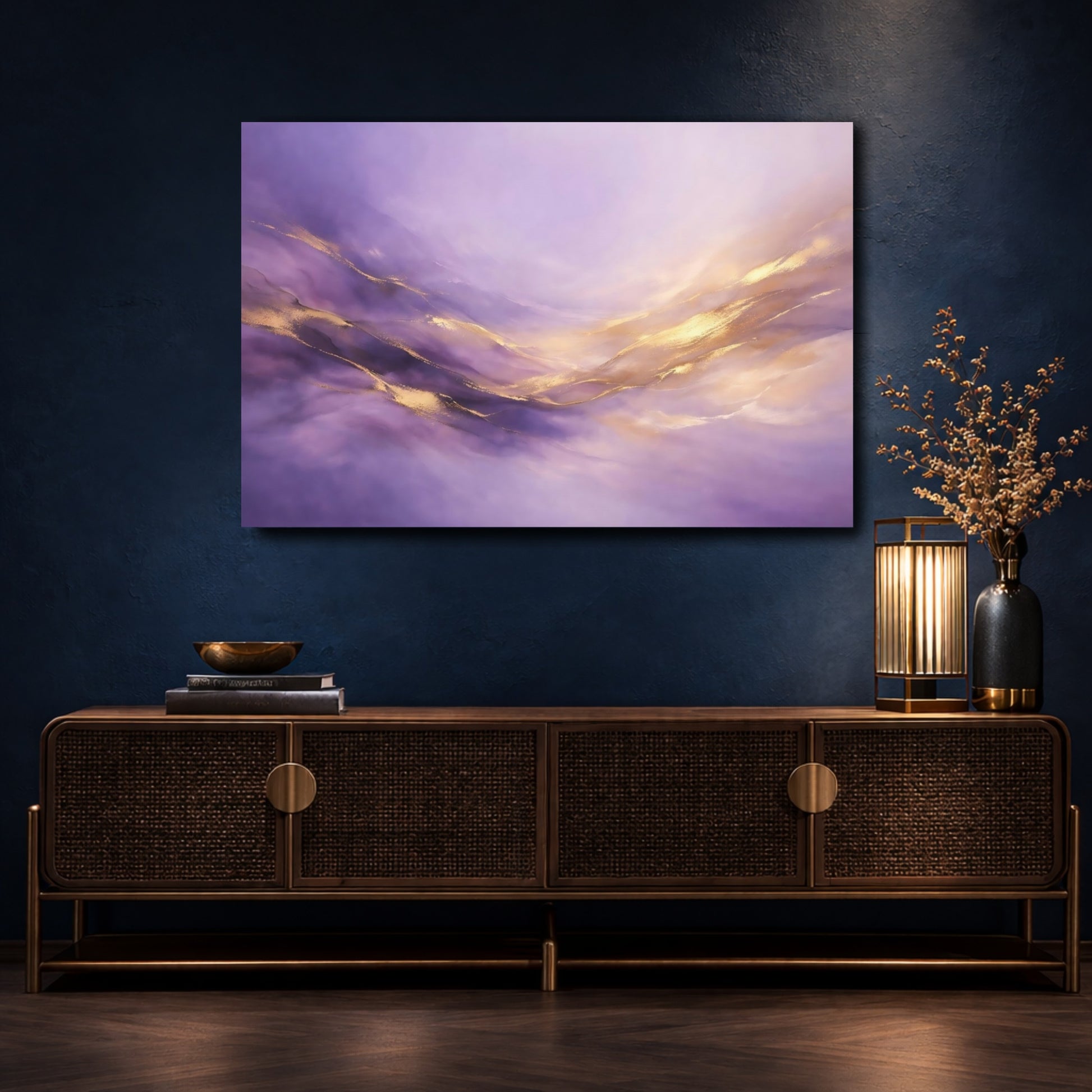 Mockup 4. Abstract Abstract Waves Purple And Gold shown as stretched canvas wall art