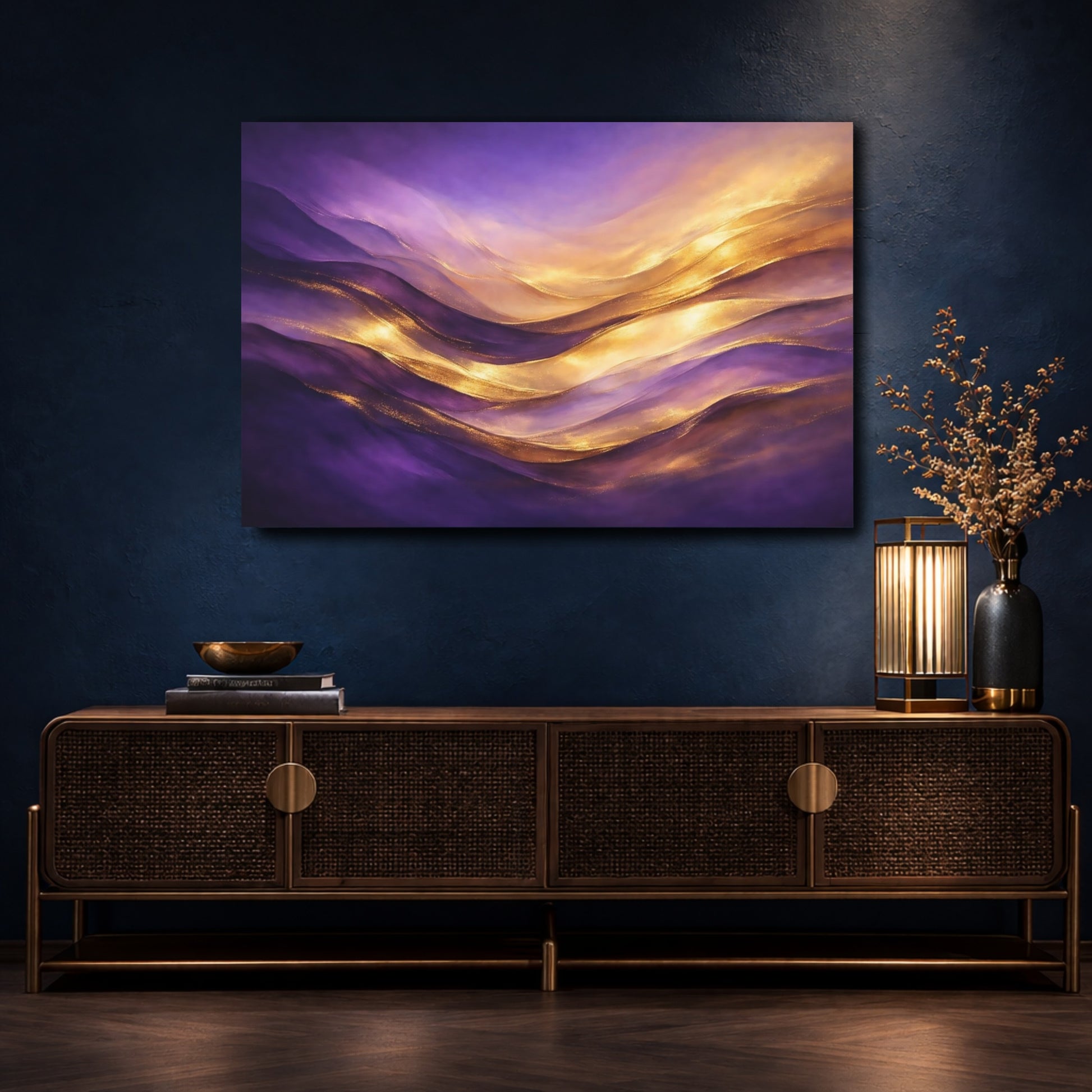 Mockup 4. Abstract Abstract Waves Purple And Gold shown as stretched canvas wall art