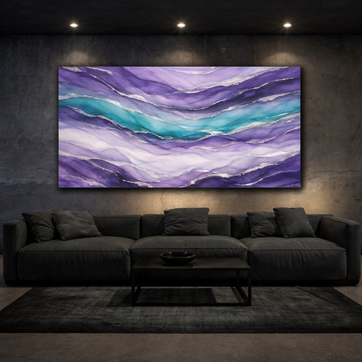 Mockup 2. Abstract Abstract Waves Purple Teal Silver shown as stretched canvas wall art
