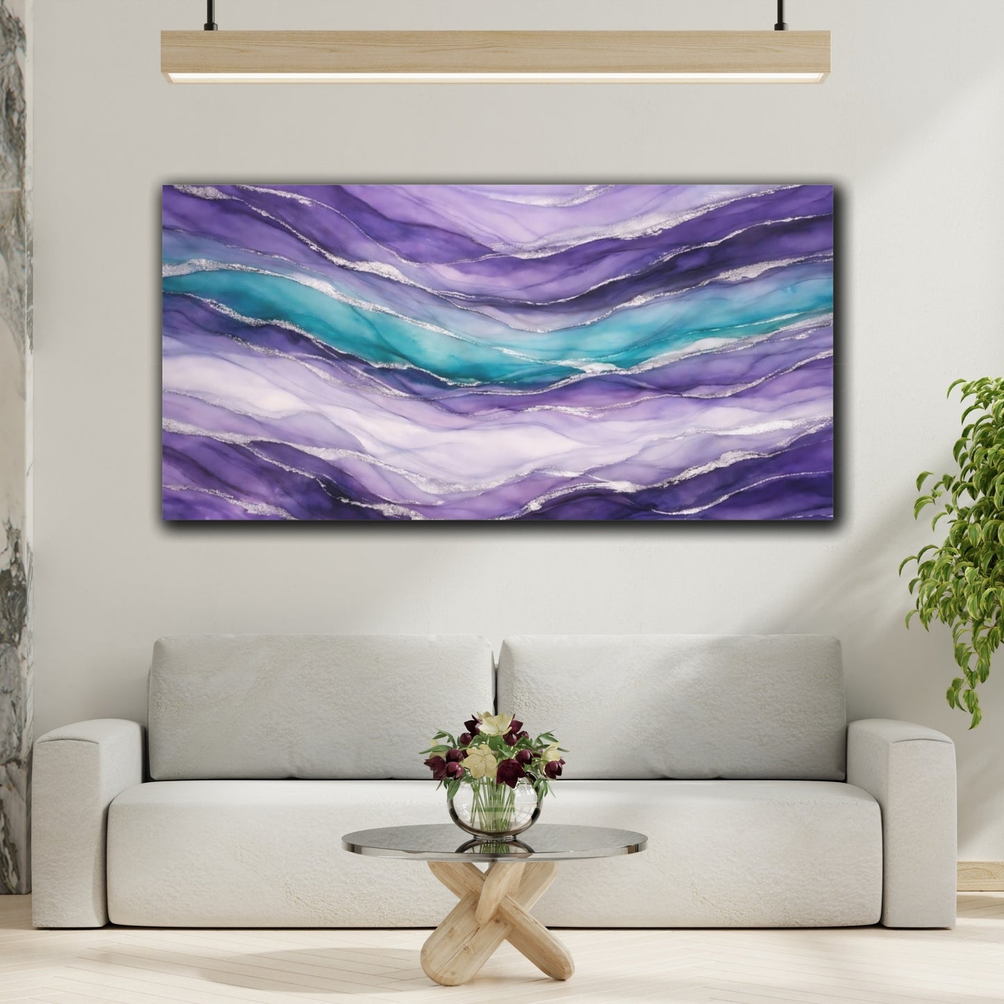 Mockup 3. Abstract Abstract Waves Purple Teal Silver shown as stretched canvas wall art