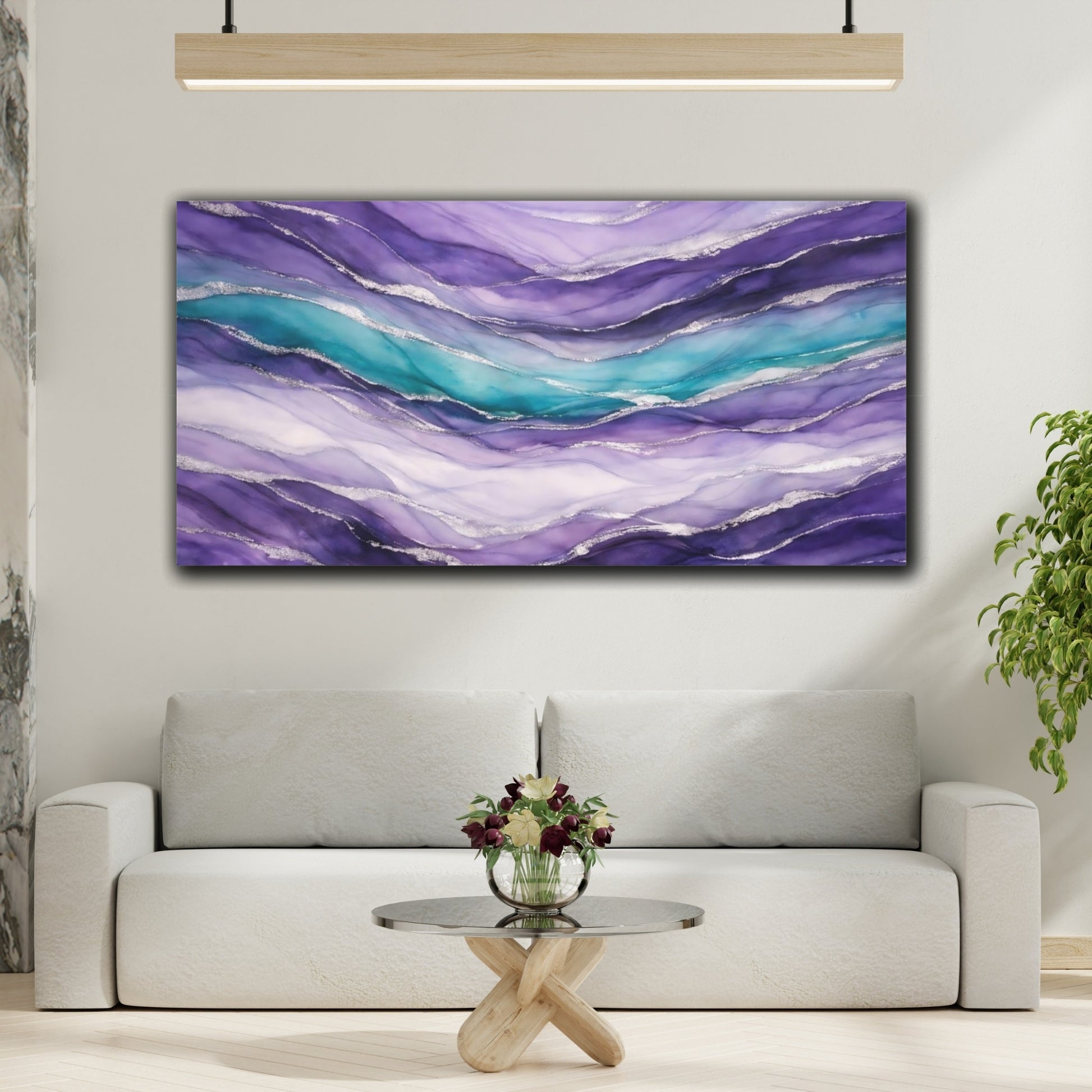 Mockup 3. Abstract Abstract Waves Purple Teal Silver shown as stretched canvas wall art