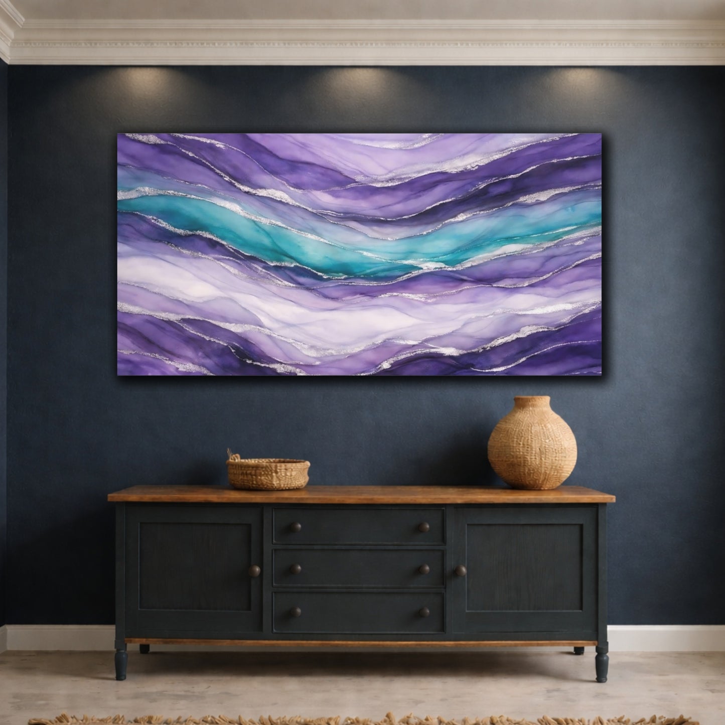 Mockup 4. Abstract Abstract Waves Purple Teal Silver shown as stretched canvas wall art