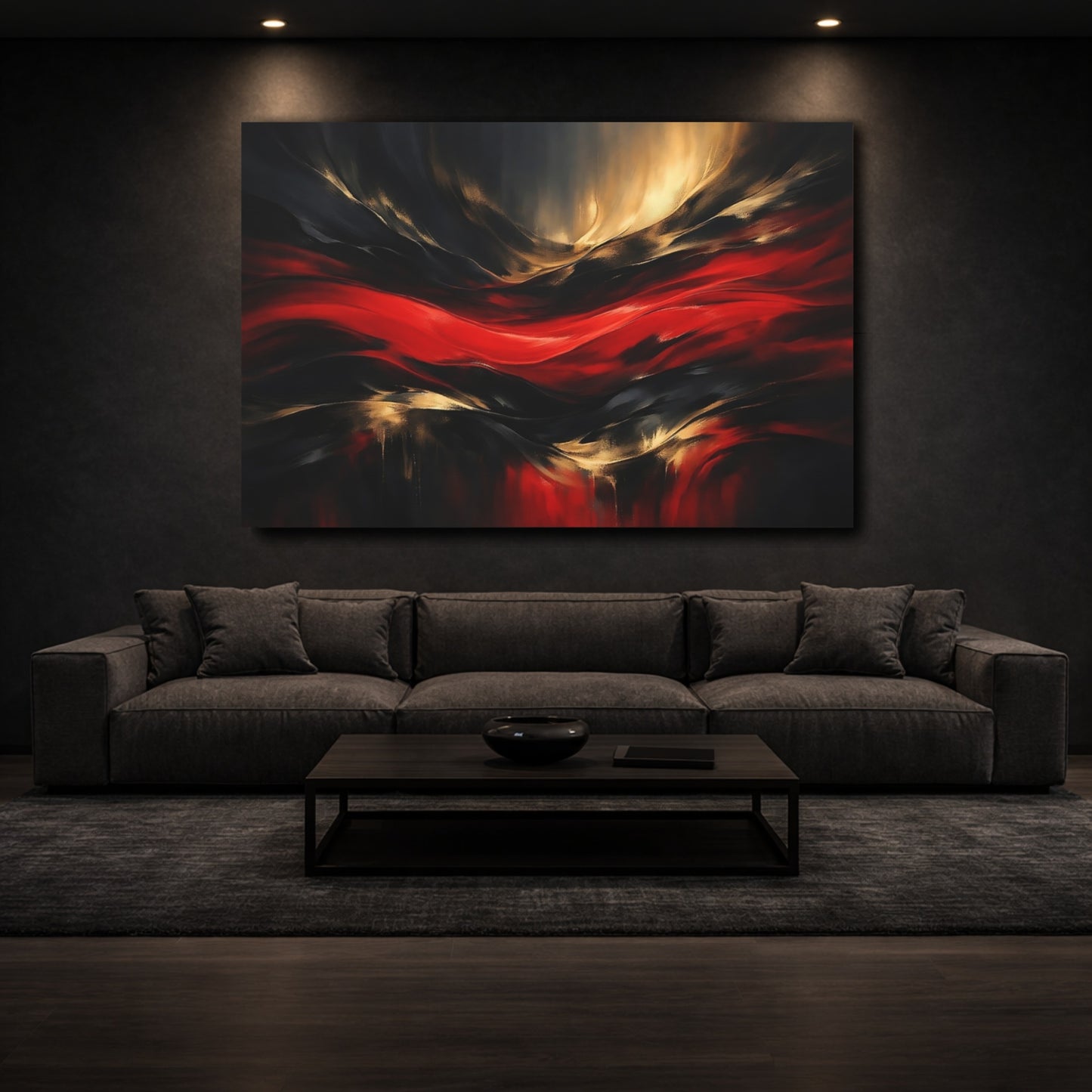 Mockup 2. Abstract Abstract Waves Red Black Gold Abstract shown as stretched canvas wall art