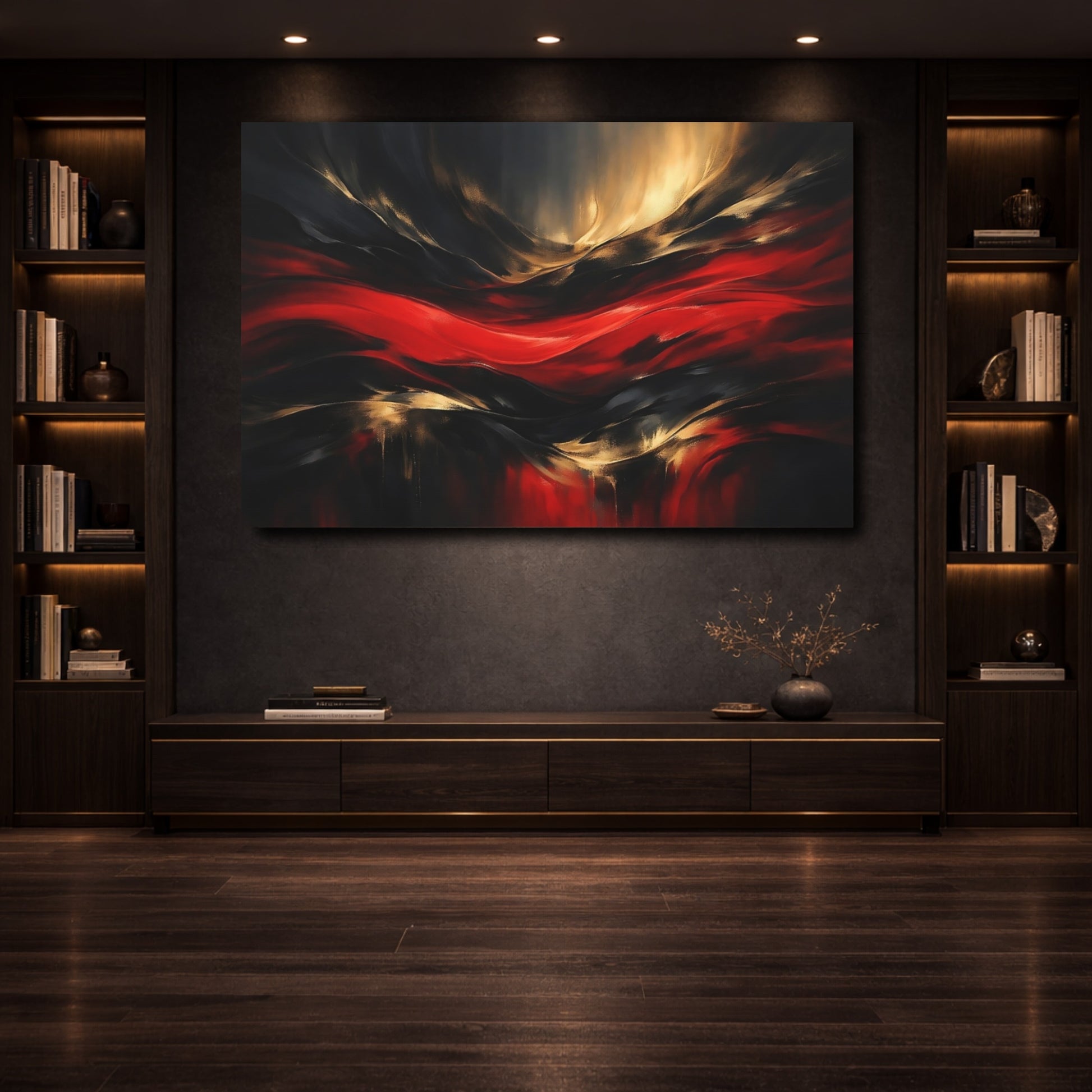 Mockup 3. Abstract Abstract Waves Red Black Gold Abstract shown as stretched canvas wall art