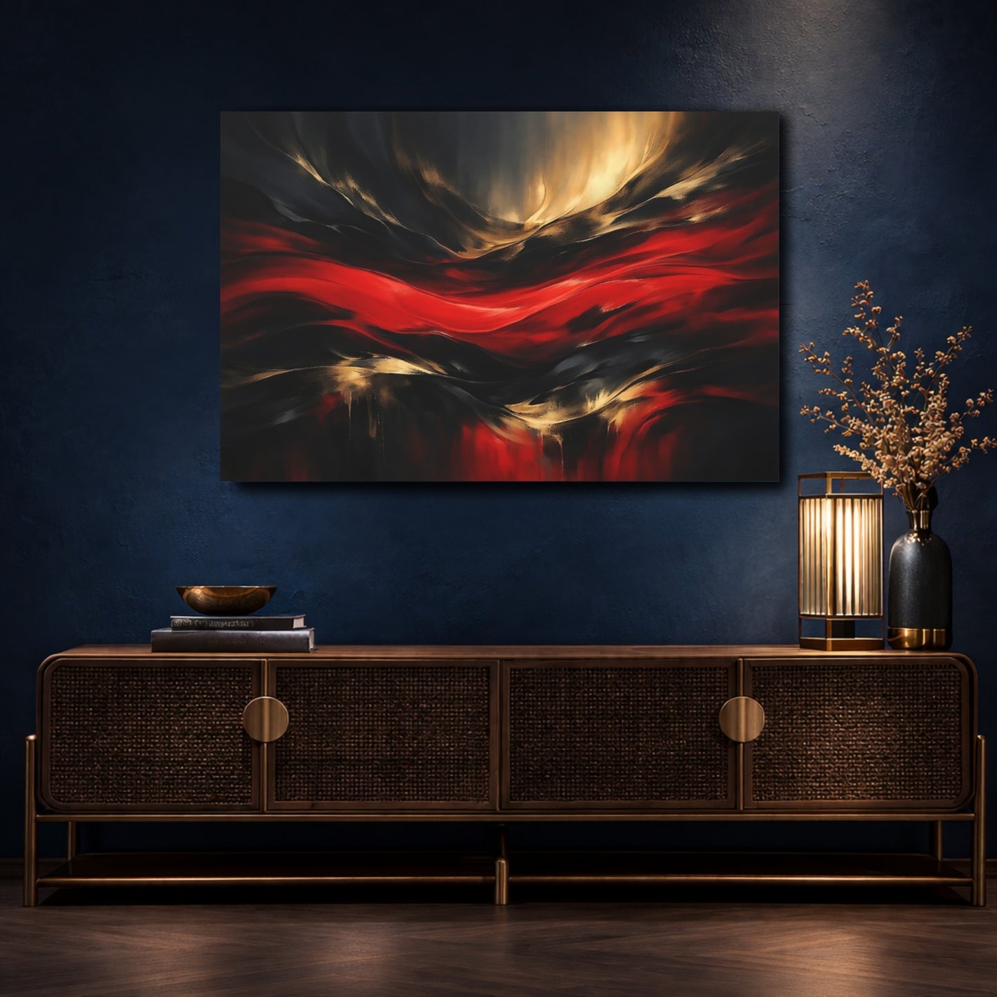Mockup 4. Abstract Abstract Waves Red Black Gold Abstract shown as stretched canvas wall art