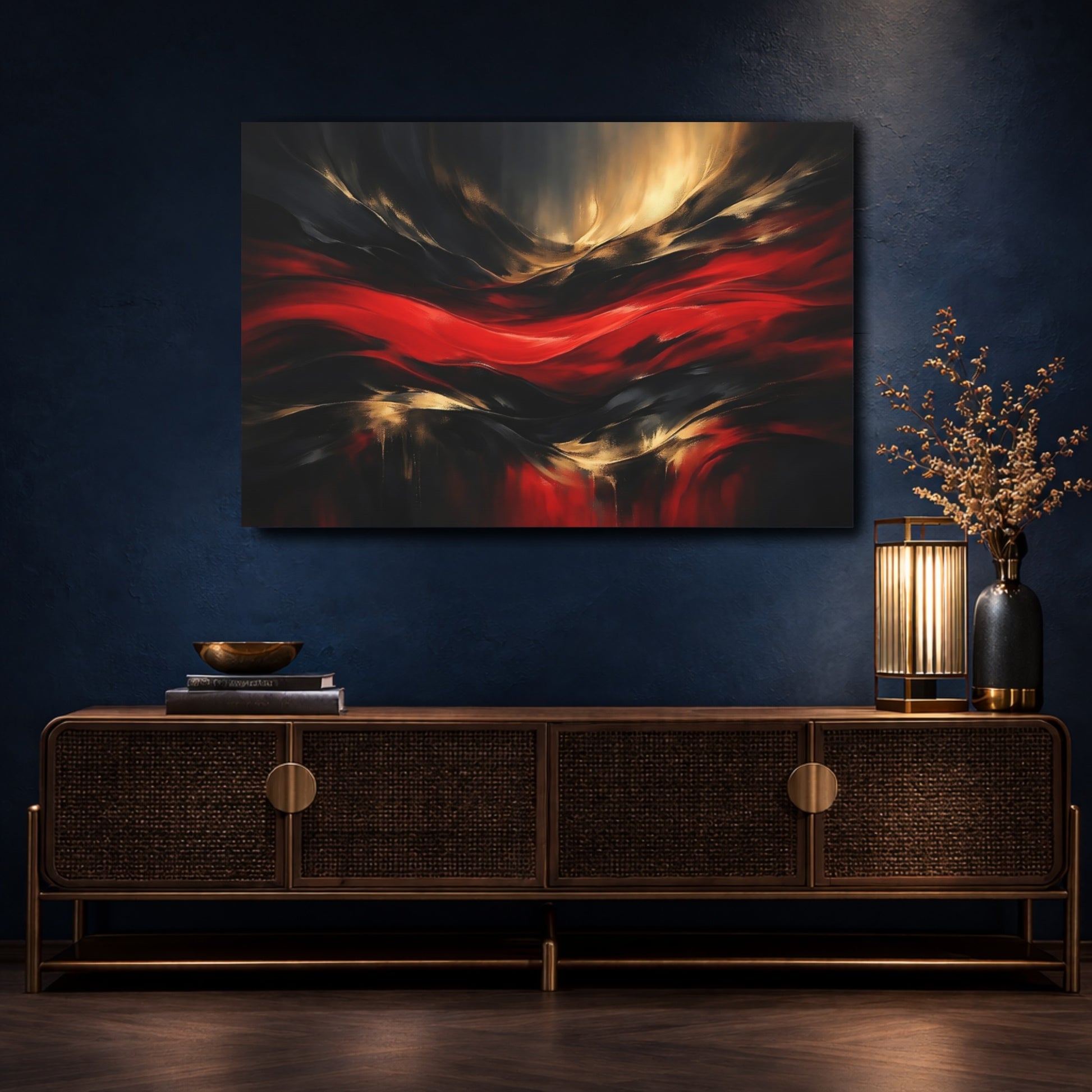 Mockup 4. Abstract Abstract Waves Red Black Gold Abstract shown as stretched canvas wall art
