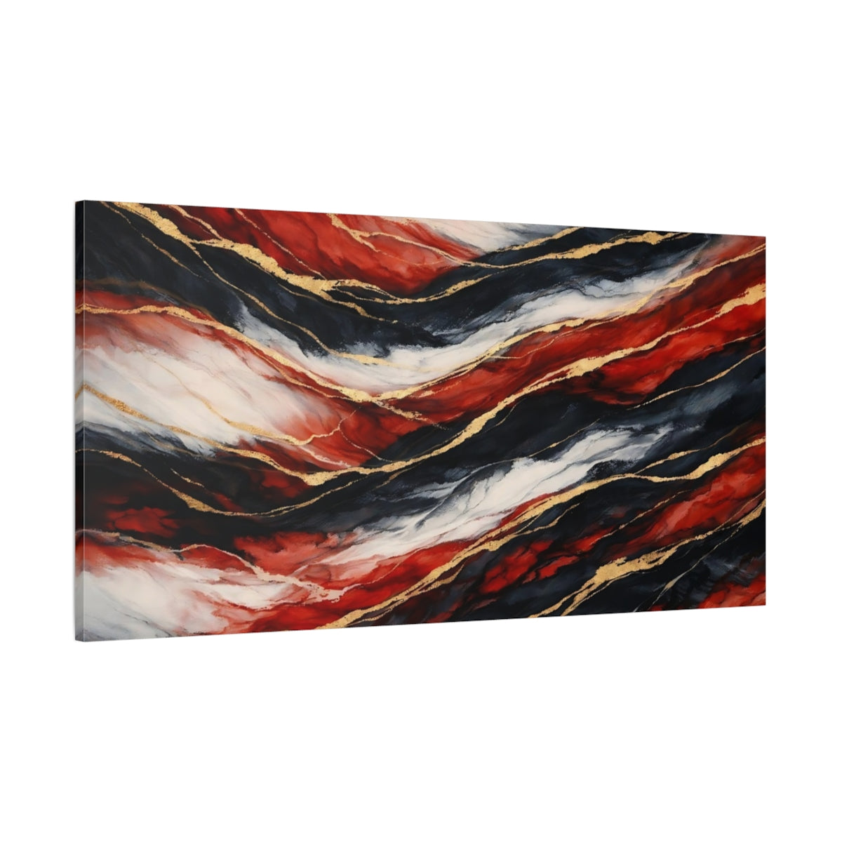 Main Mockup. Abstract Abstract Waves Red Black Gold shown as stretched canvas wall art